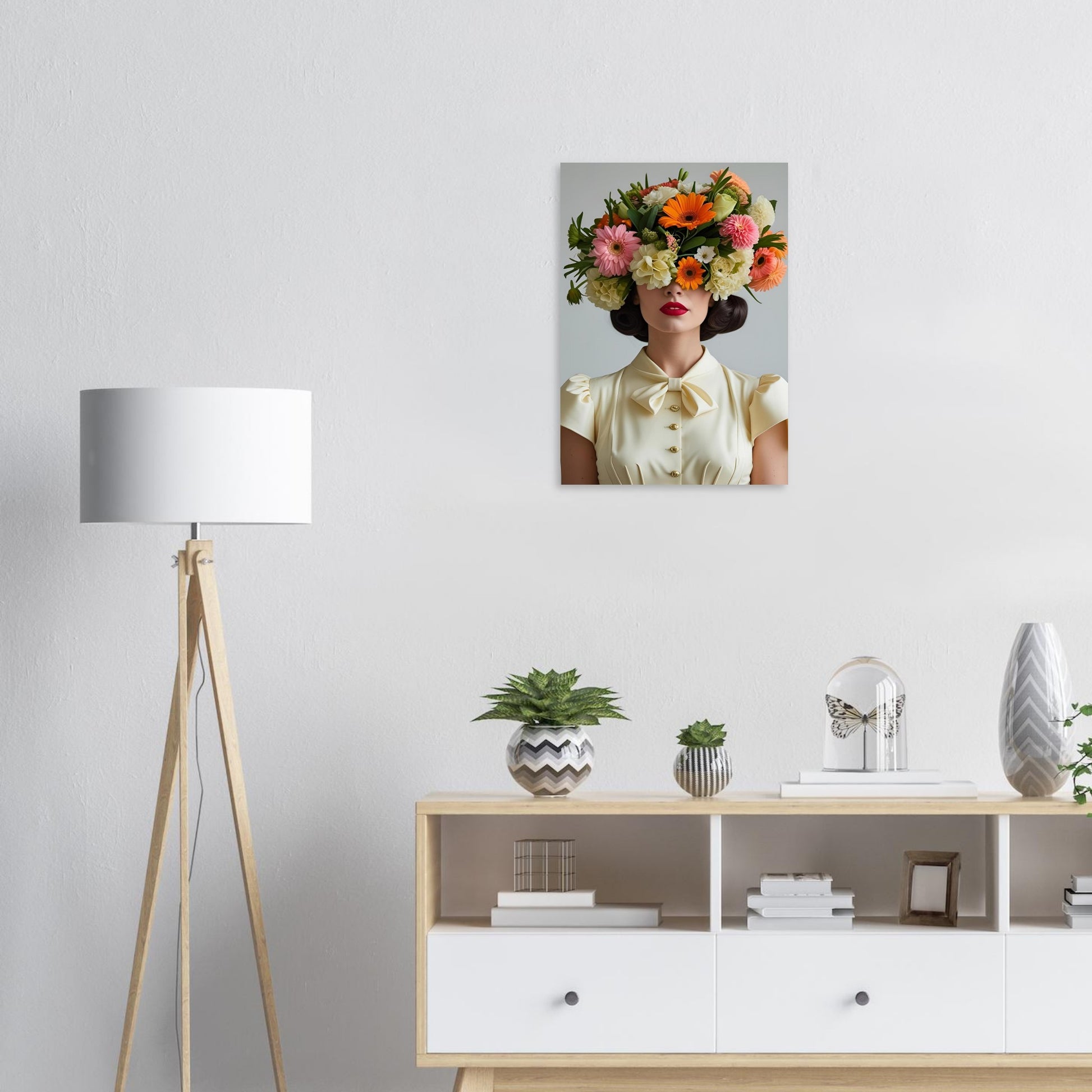 Orange gerberas, soft pink blooms, white petals and cascading greenery spill over her crown in such abundance they cover her eyes entirely. Georgia doesn’t need to see you to make an impression. She already has.