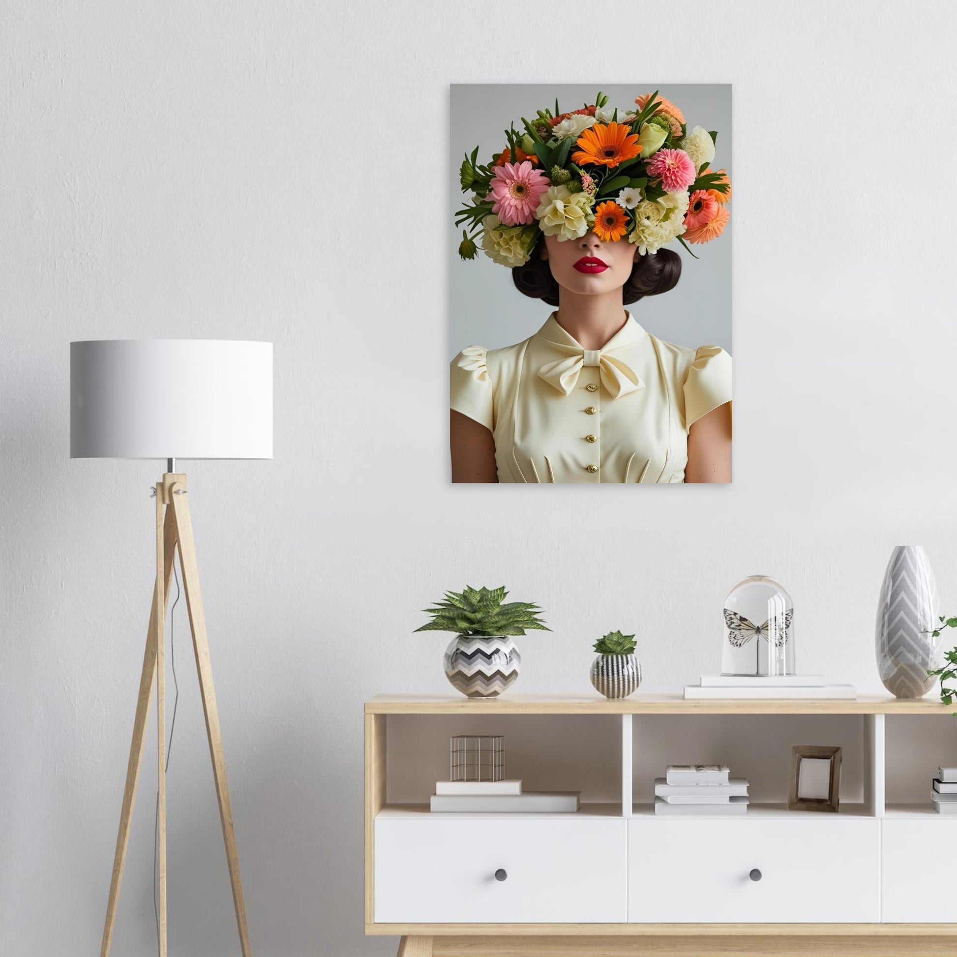 She arrived in a cream vintage blouse — bow tie collar, puffed sleeves, every button done up — red lips perfectly painted, dark hair pinned just so. And then she let the flowers take over completely. Orange gerberas, soft pink blooms, white petals and cascading greenery spill over her crown in such abundance they cover her eyes entirely. Georgia doesn’t need to see you to make an impression. She already has.