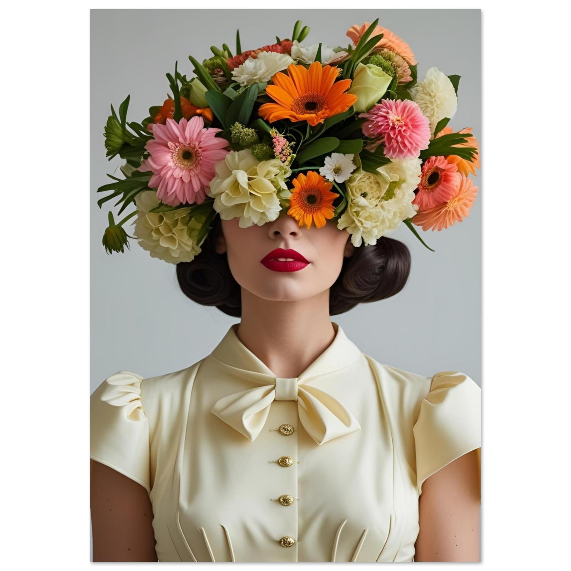 She arrived in a cream vintage blouse — bow tie collar, puffed sleeves, every button done up — red lips perfectly painted, dark hair pinned just so. And then she let the flowers take over completely. Orange gerberas, soft pink blooms, white petals and cascading greenery spill over her crown in such abundance they cover her eyes entirely. Georgia doesn’t need to see you to make an impression. She already has.