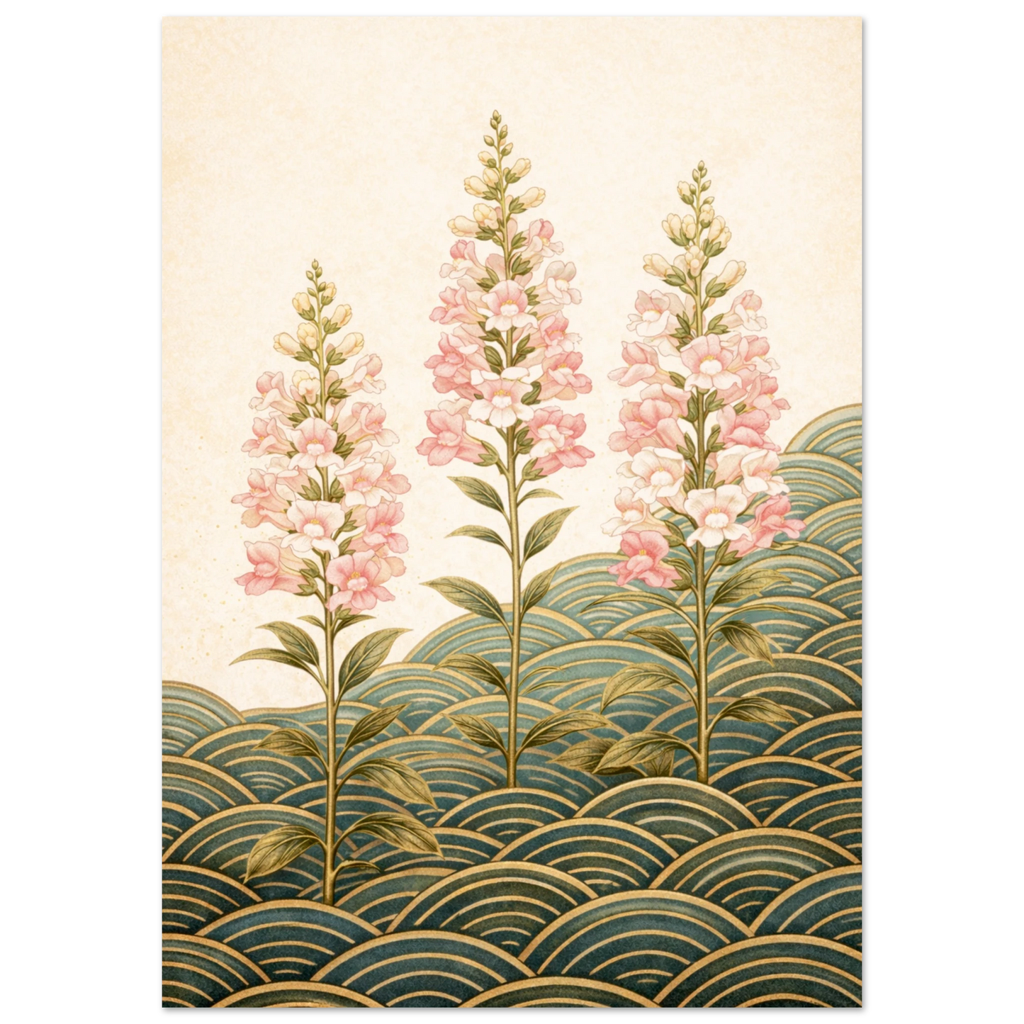 Glorious Snapdragons Rejoice is a print that brings calm into a room. Three tall snapdragon spires in soft blush pink rise from layered olive green wave patterns against a warm cream background, elegant, considered and quietly joyful, the kind of botanical that feels both timeless and completely of the moment.