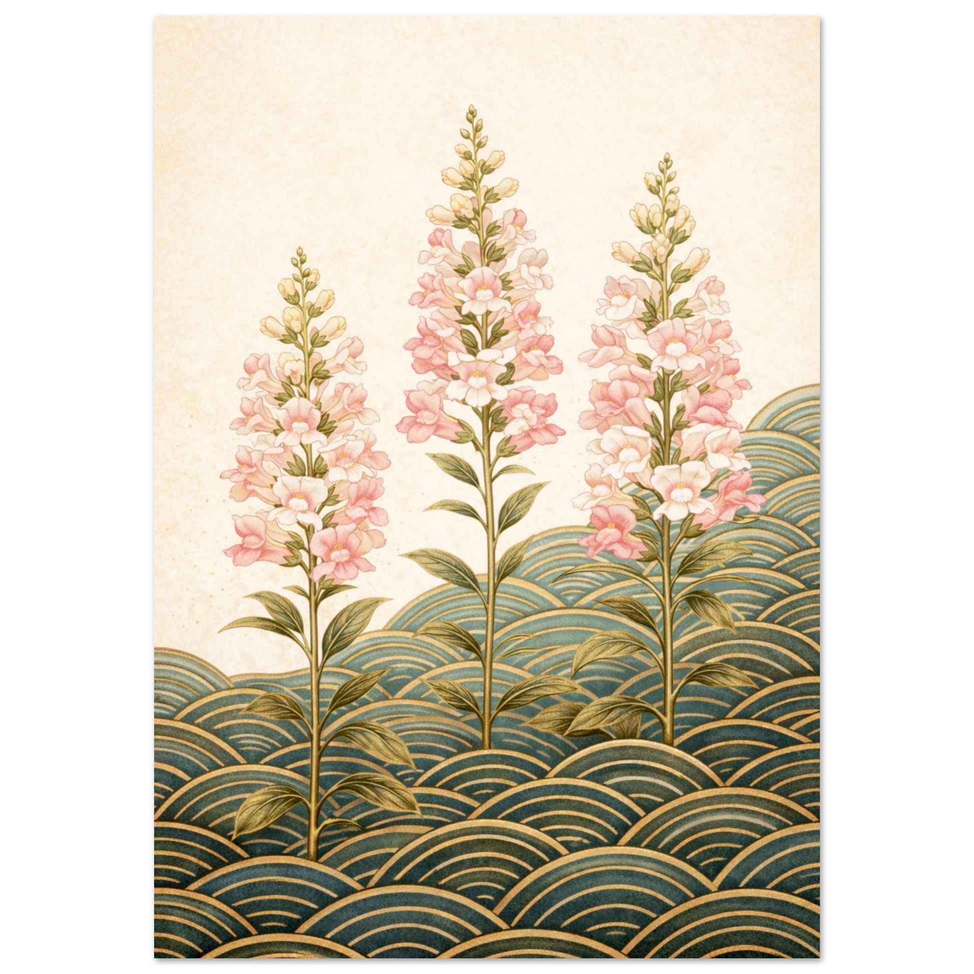 Glorious Snapdragons Rejoice is a print that brings calm into a room. Three tall snapdragon spires in soft blush pink rise from layered olive green wave patterns against a warm cream background, elegant, considered and quietly joyful, the kind of botanical that feels both timeless and completely of the moment.