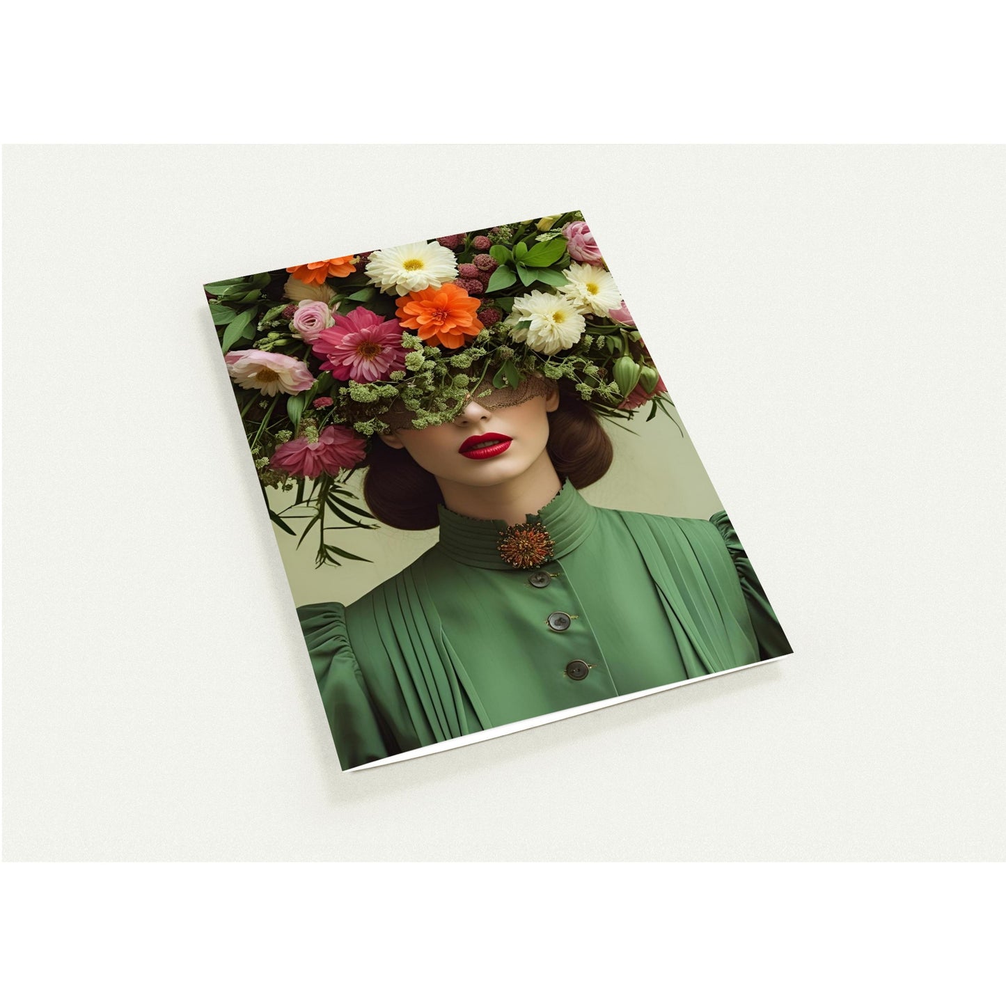 Art greeting cards featuring Hilary — a vintage floral portrait. Pack of 10, 350gsm silk, blank inside with envelopes. By NZ artist Elizabeth Marshall.