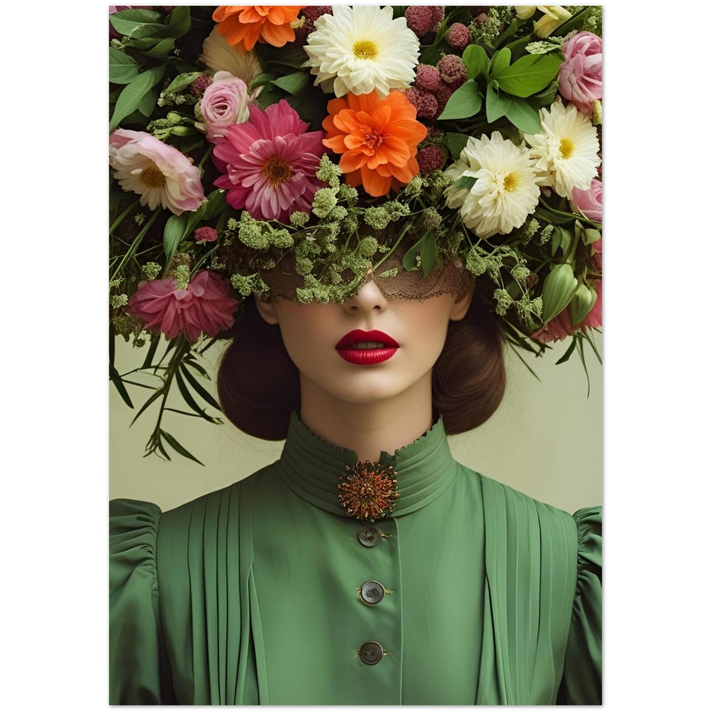 Art greeting cards featuring Hilary — a vintage floral portrait. Pack of 10, 350gsm silk, blank inside with envelopes. By NZ artist Elizabeth Marshall.