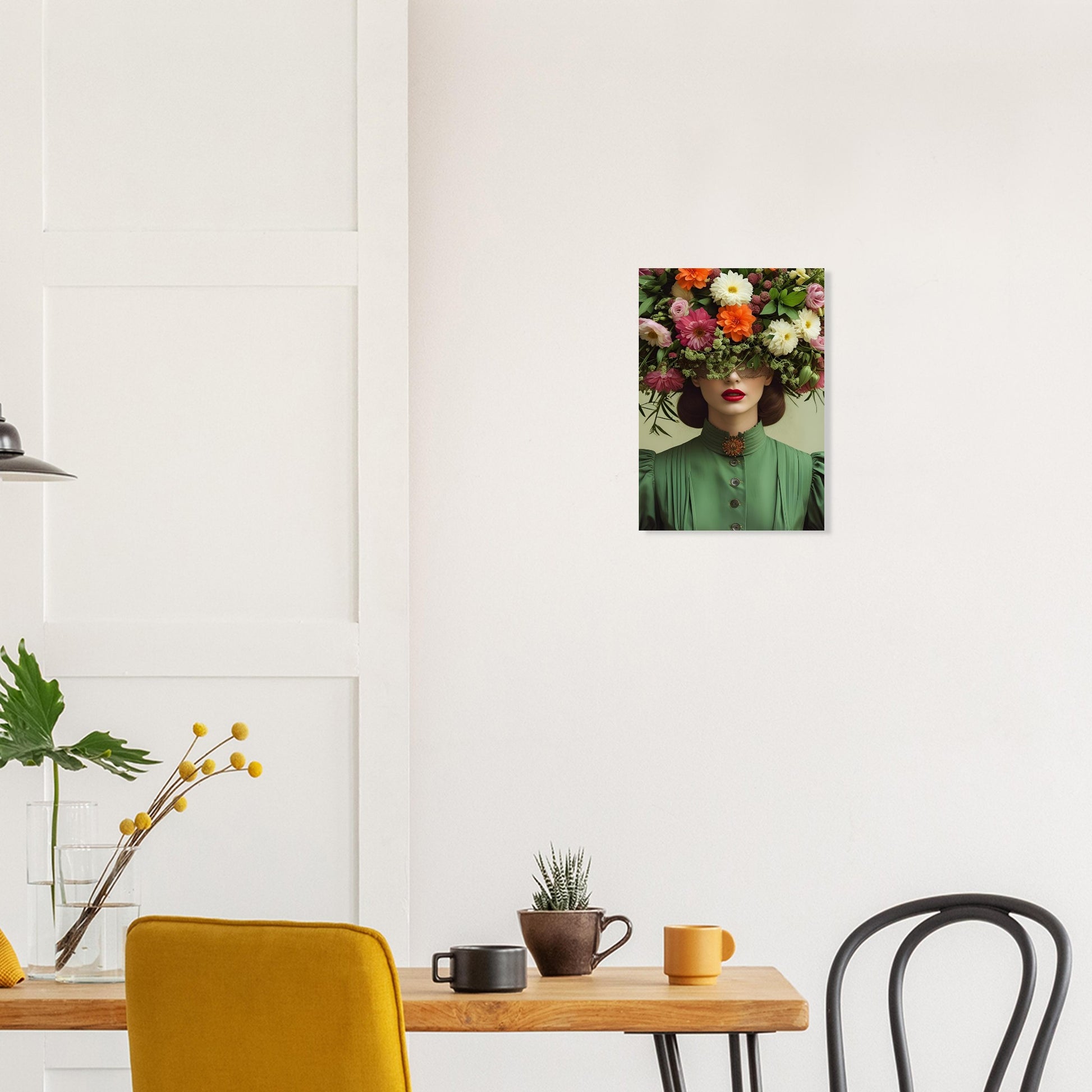 A framed wall art print depicting a woman with a large bouquet of flowers for her hair, hung on a white wall above a dining table with chairs and mugs.