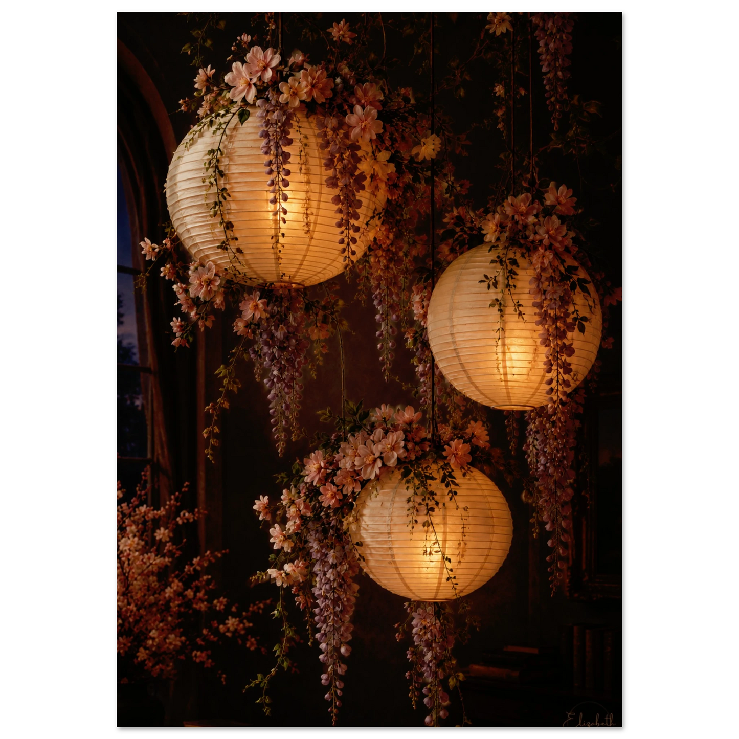 Three glowing paper lanterns hanging in a dim interior, decorated with cascading pink wisteria flowers and green leaves.