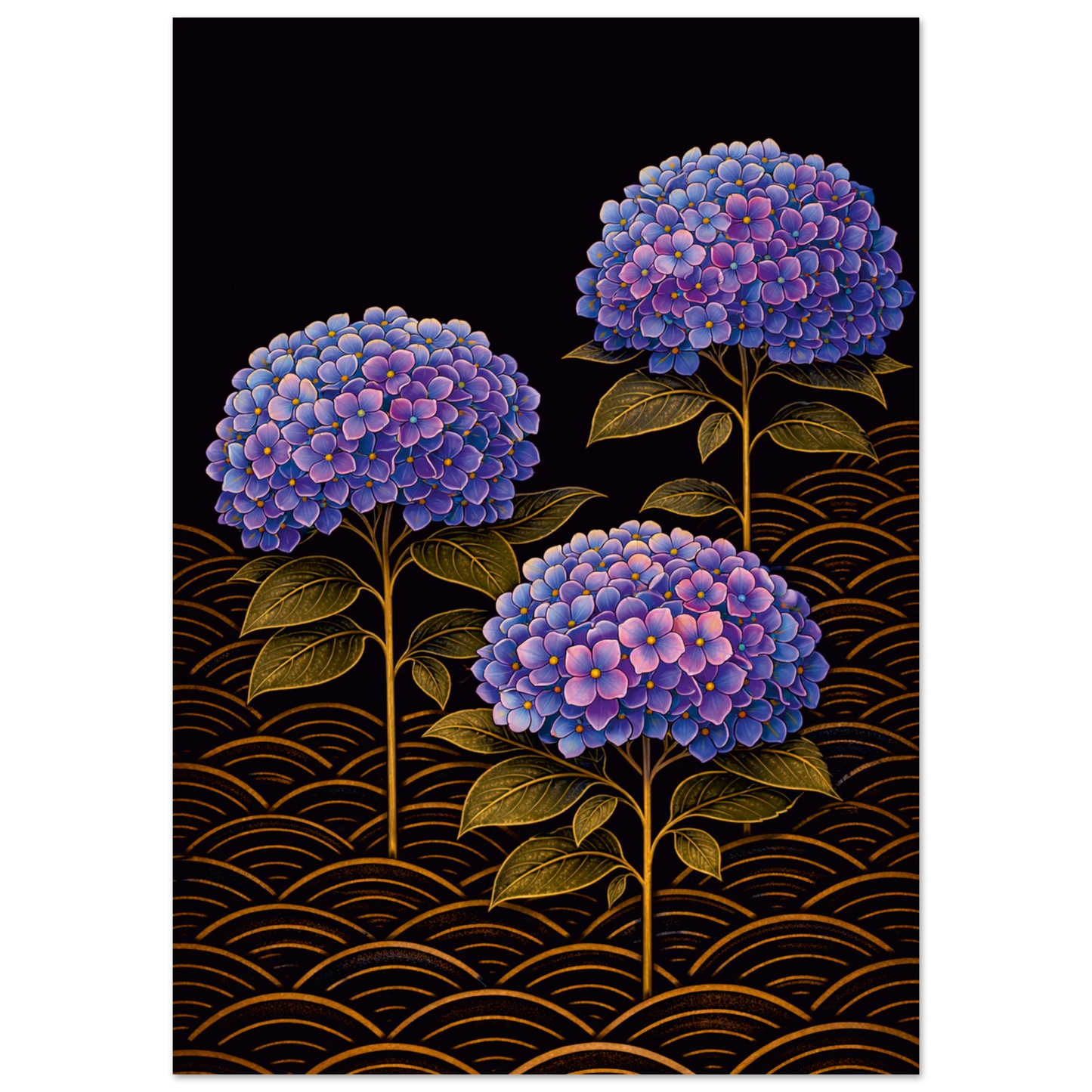 A vertical art print featuring three purple and blue hydrangea flowers with green leaves on a black background decorated with gold wave patterns at the bottom.