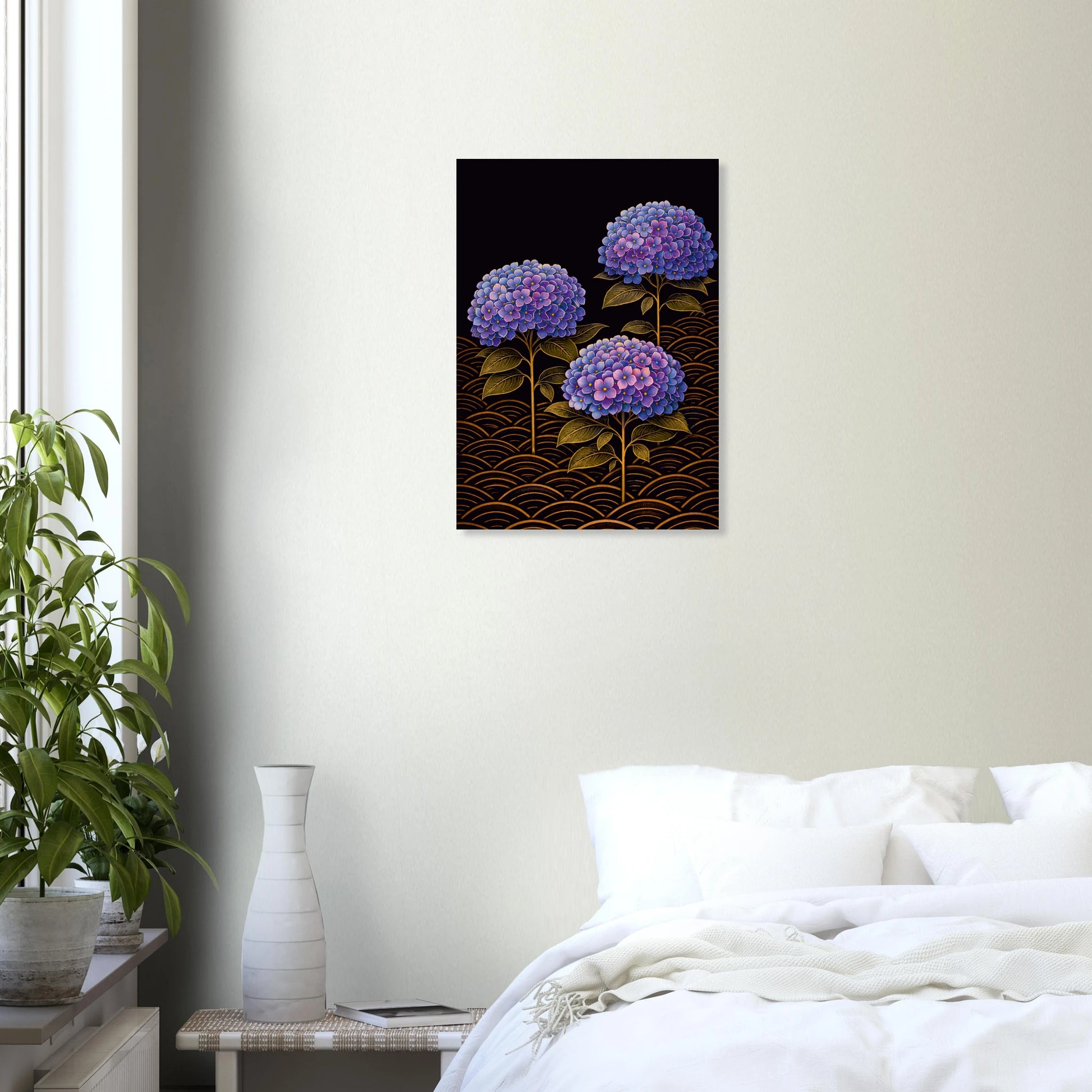 Three hydrangea blooms in deep violet, periwinkle blue and soft lavender rise from a ground of warm amber arcs, their gold-veined leaves catching the light against a near midnight sky. Hydrangeas Midnight Dreams is lush and still and quietly breathtaking, the kind of print that makes a bedroom feel like a place you never want to leave
