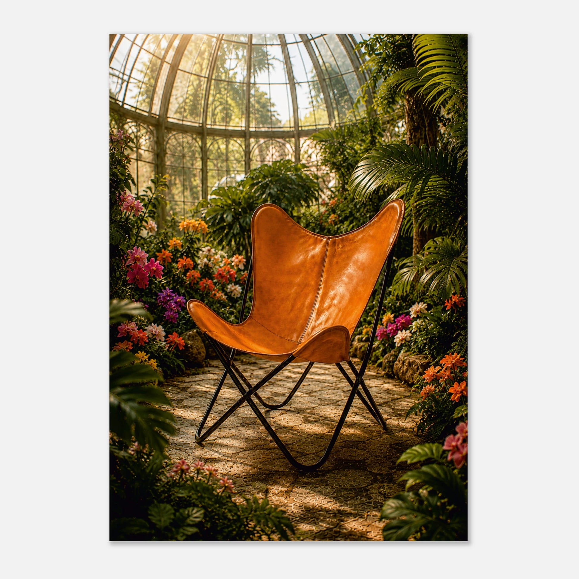A butterfly-style chair made of warm tan leather with a black metal frame, placed in a lush greenhouse surrounded by dense green foliage and colorful flowers under a glass dome.