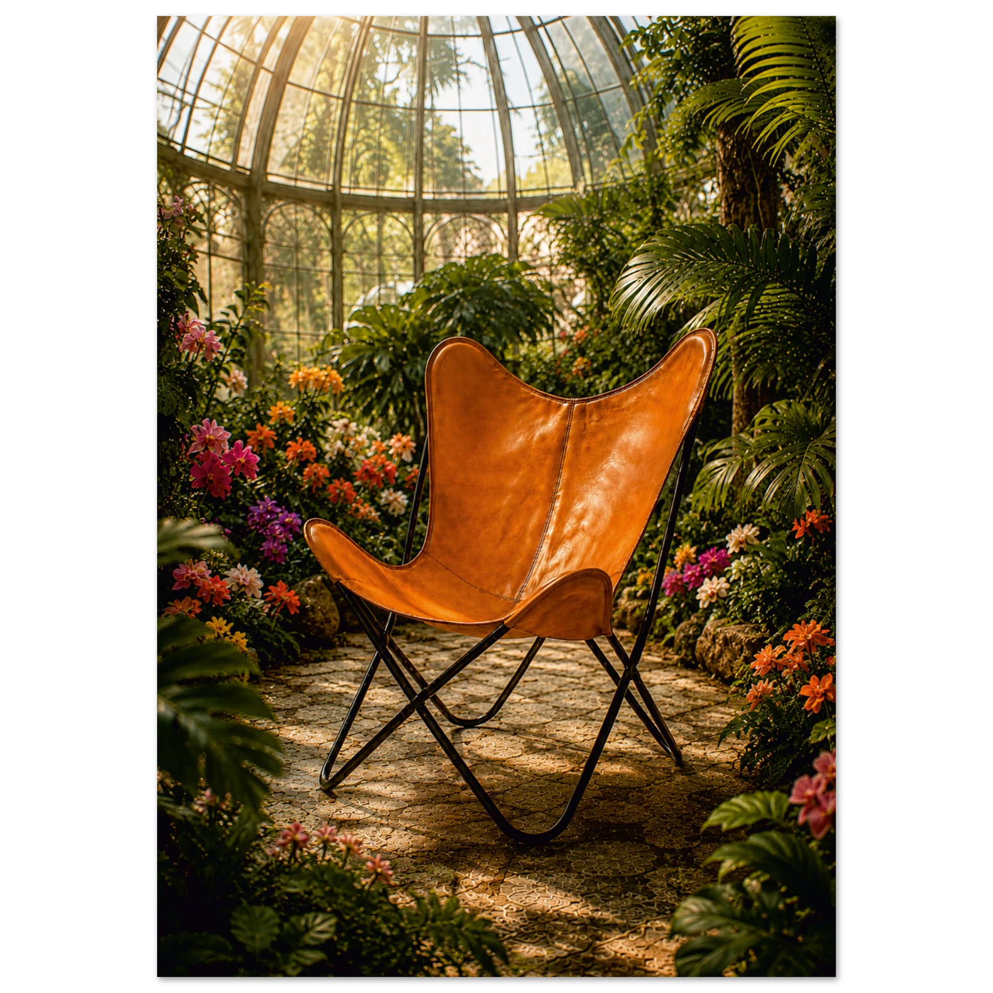 A modern butterfly-style chair with a warm tan leather seat and back, supported by a black metal frame, set in a lush tropical greenhouse surrounded by colorful flowers and green foliage.