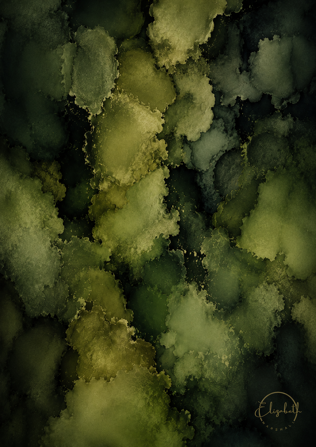 Abstract watercolor-style artwork with organic cloud-like forms in olive green, moss green, yellow-green, and dark charcoal tones.