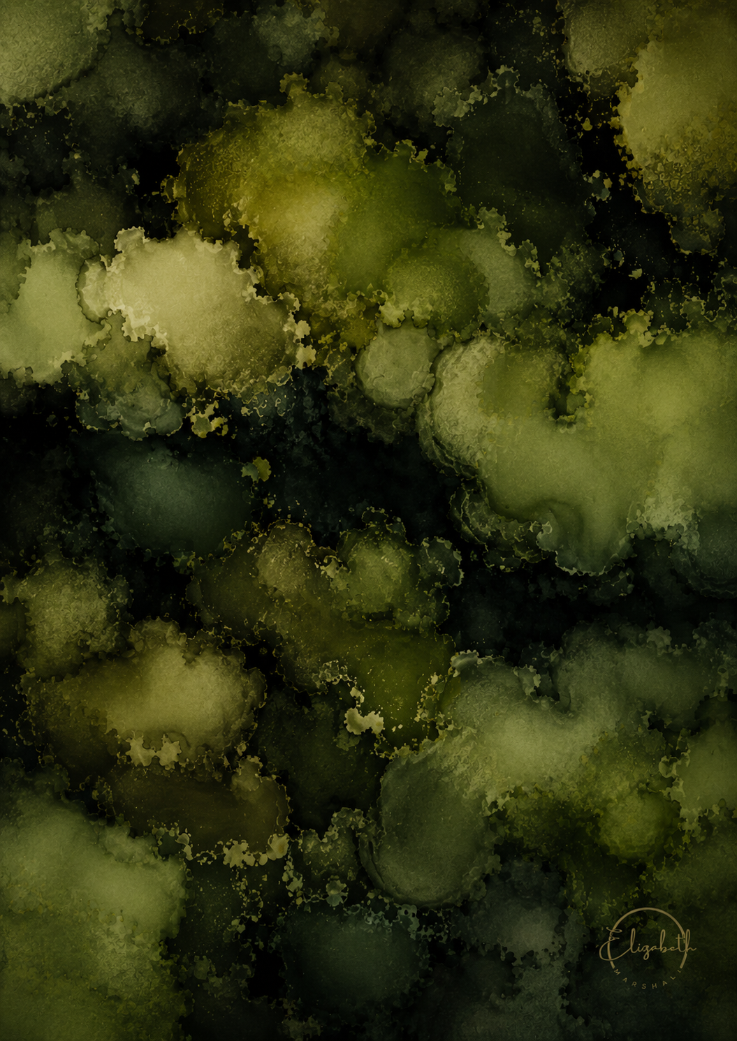 Abstract watercolor-style artwork with organic cloud-like forms in olive green, moss green, and dark charcoal tones, with a small circular artist signature in the lower right.