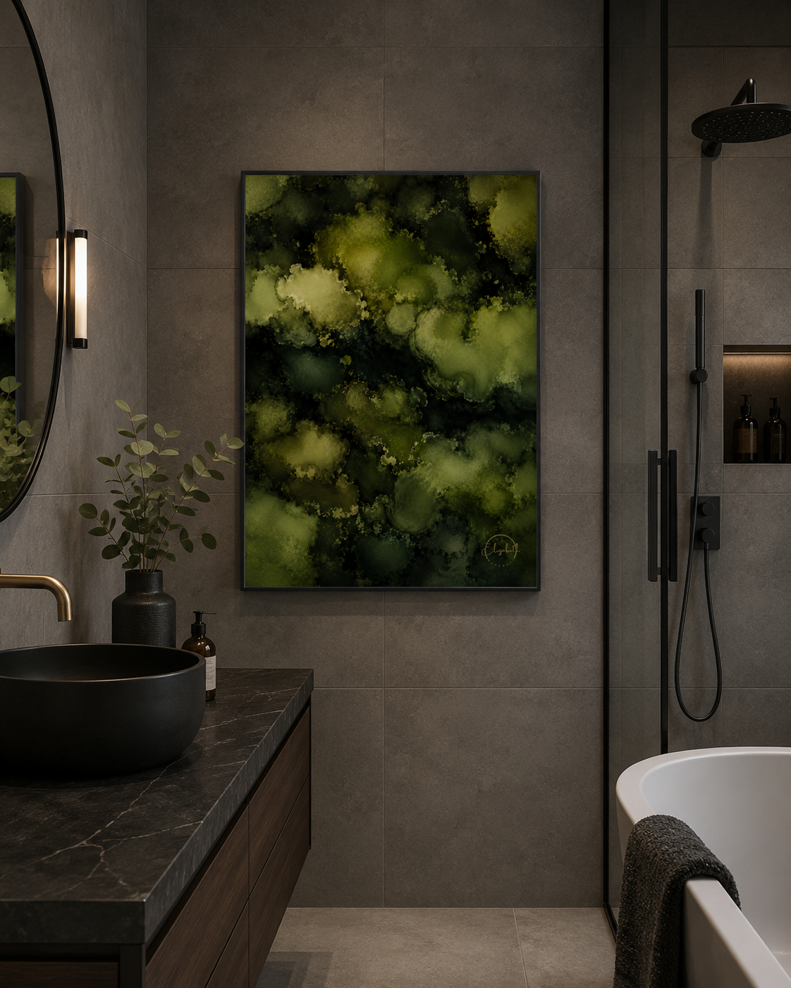 A framed abstract art print featuring a textured green and yellow marbled pattern, displayed on a dark gray tiled wall in a modern bathroom setting.
