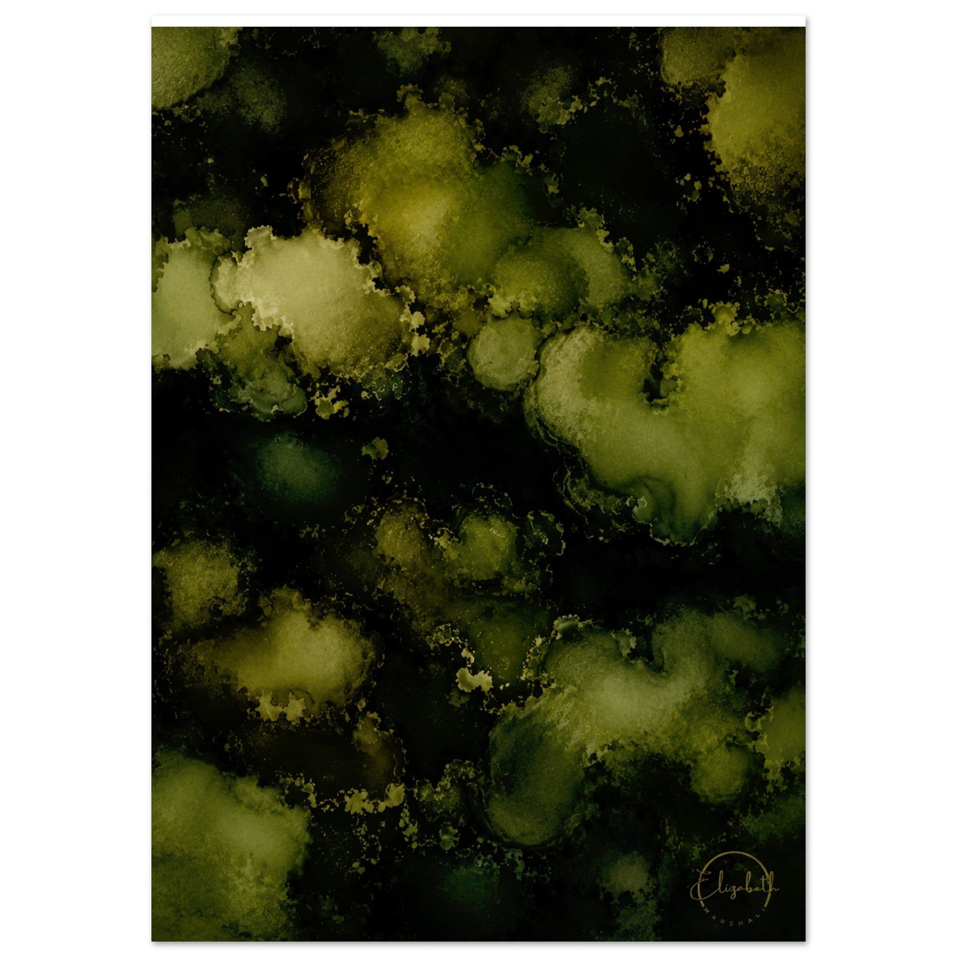 Moody green floral giclee print inspired by original alcohol ink artwork. Deep forest greens, shadowed blooms. Printed on 200gsm FSC paper. Ships worldwide.