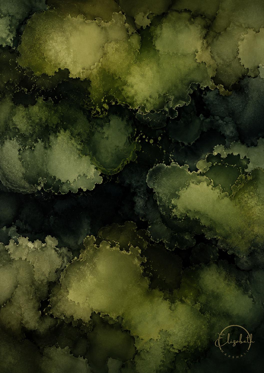 Abstract watercolor artwork with organic cloud-like splashes in olive green, moss green, and very dark charcoal tones, filling the frame.