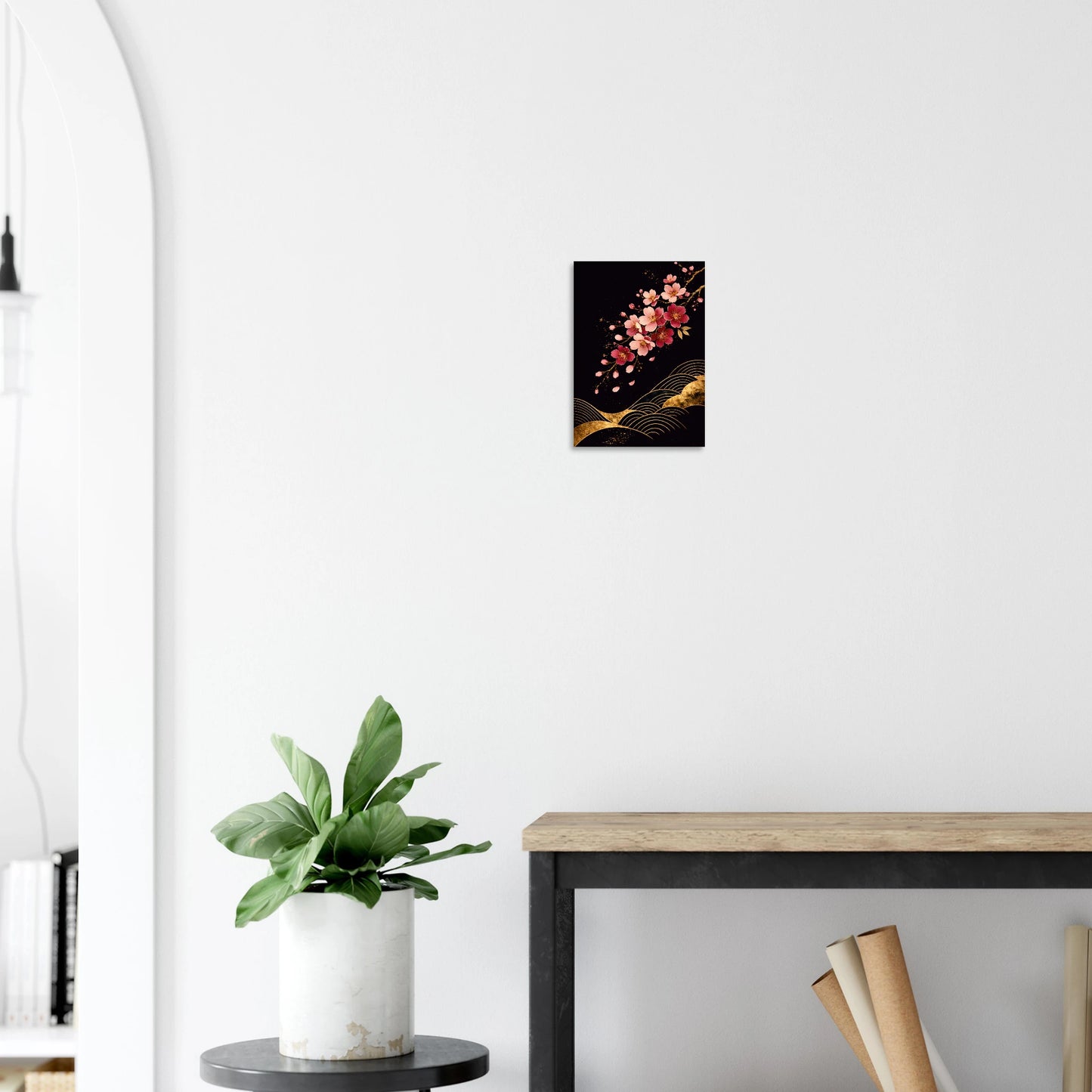 Dramatic dark floral giclee — blush & deep rose cherry blossom with gold wave detail on black. Inspired by original designs. 200gsm FSC paper. Ships worldwide.