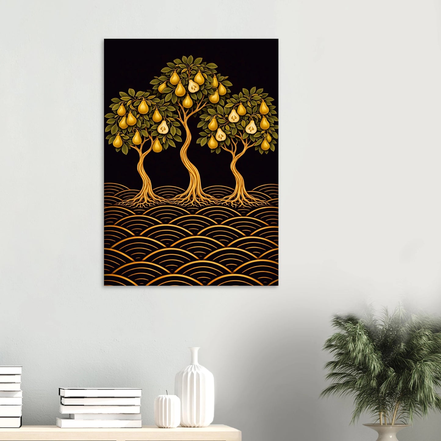 Japanese-inspired pear tree fine art print. Three sculptural pear trees with golden fruit on a rich dark background with wave patterns. Blends botanical illustration, Art Nouveau and Japandi design.  A1 size 