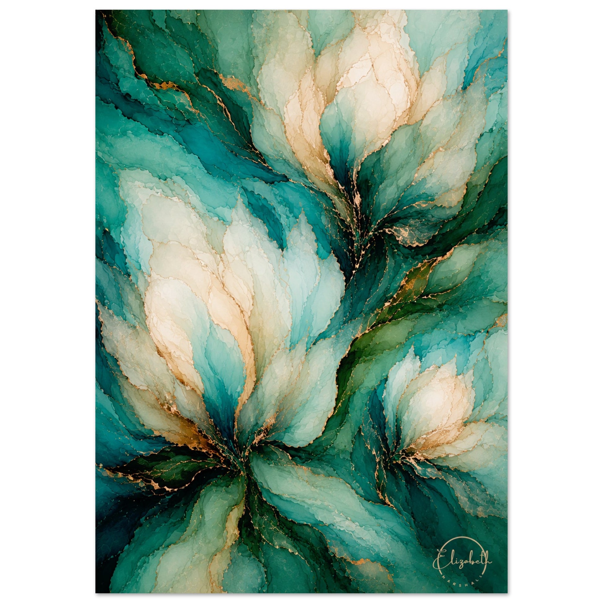 An abstract floral art print featuring watercolor-style magnolia blossoms in deep teal, emerald green, cream, and soft gold accents, with a visible artist signature in the lower right corner.