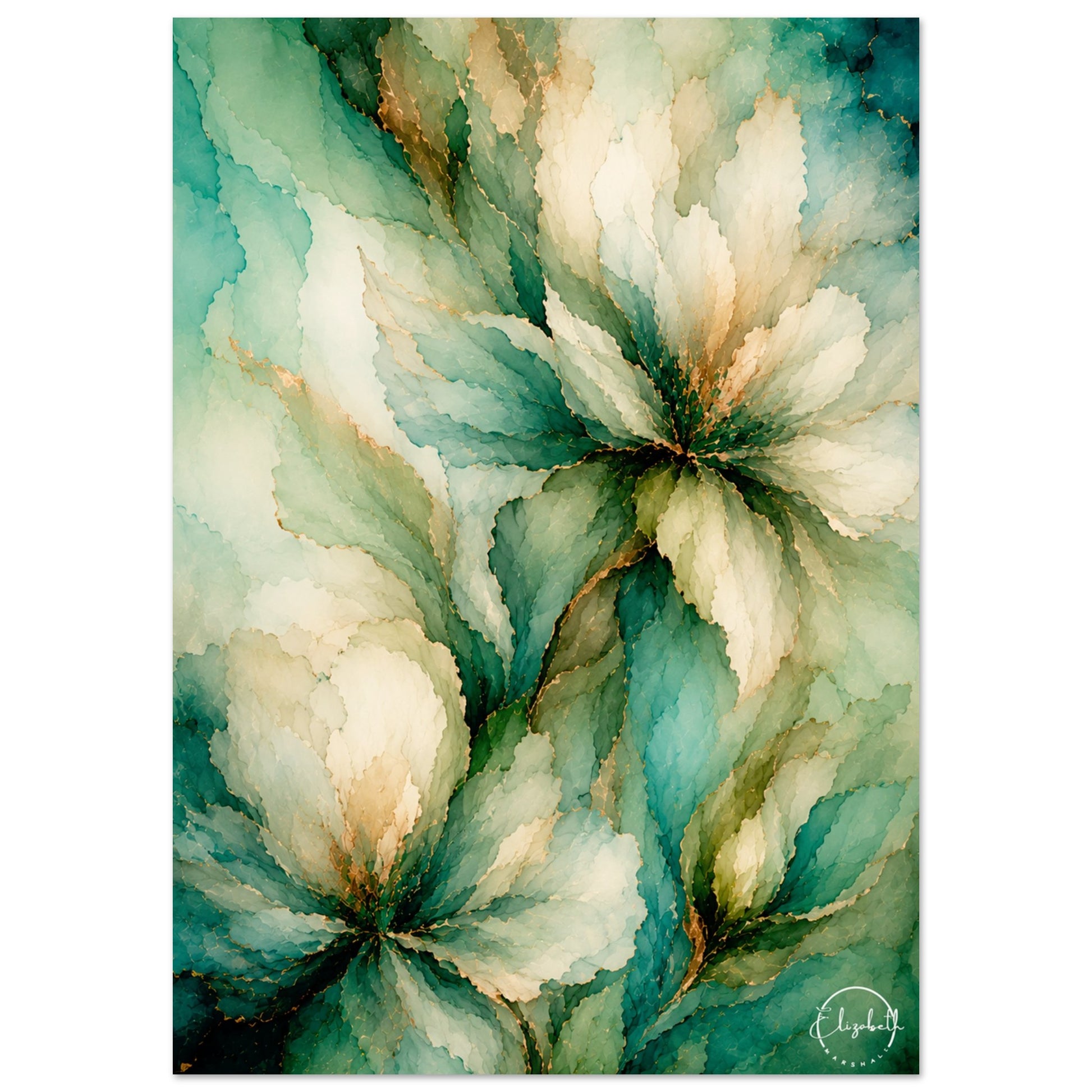 Abstract watercolor floral art print featuring large blossoms in soft teal, aqua, cream, and touches of gold, shown against a light gray background.