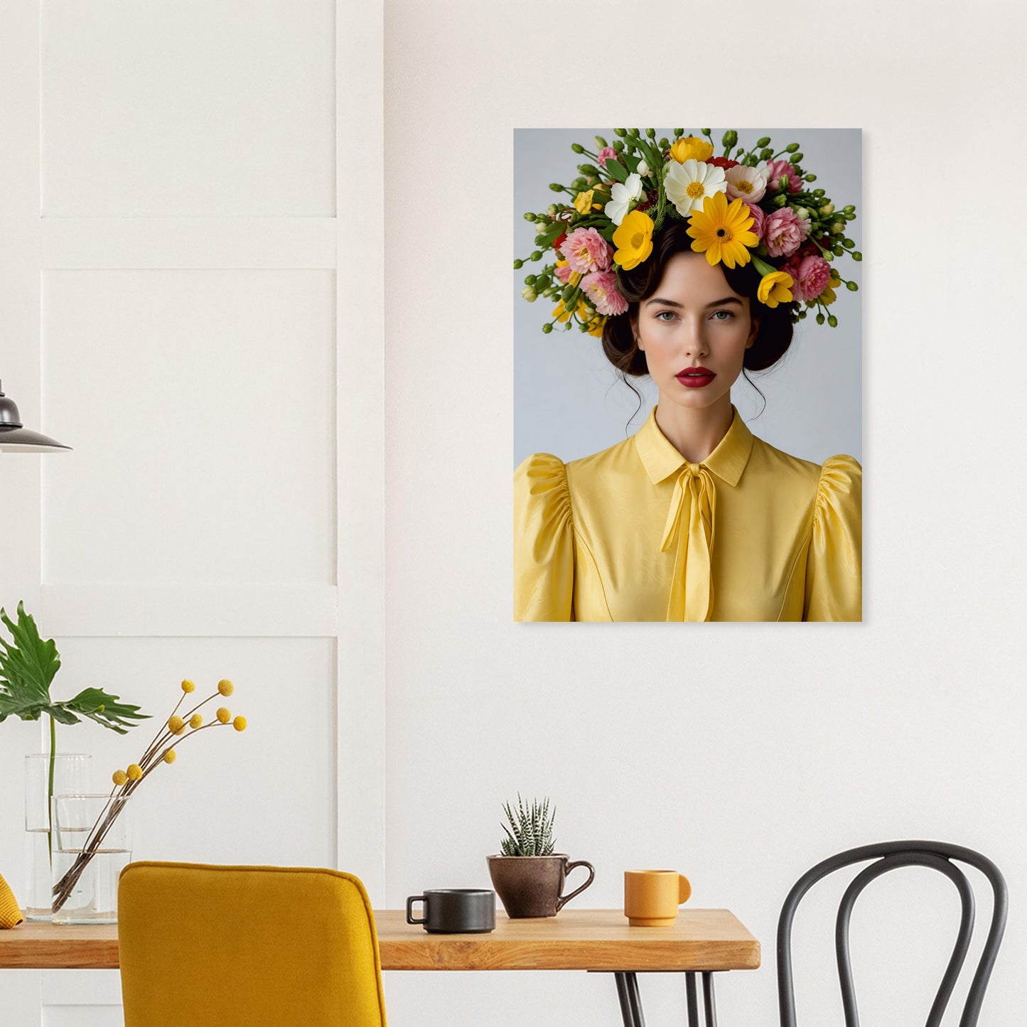 A vertical wall art print depicting a woman with a vibrant yellow blouse and a large flower crown, shown hanging on a white wall in a modern dining room setting.