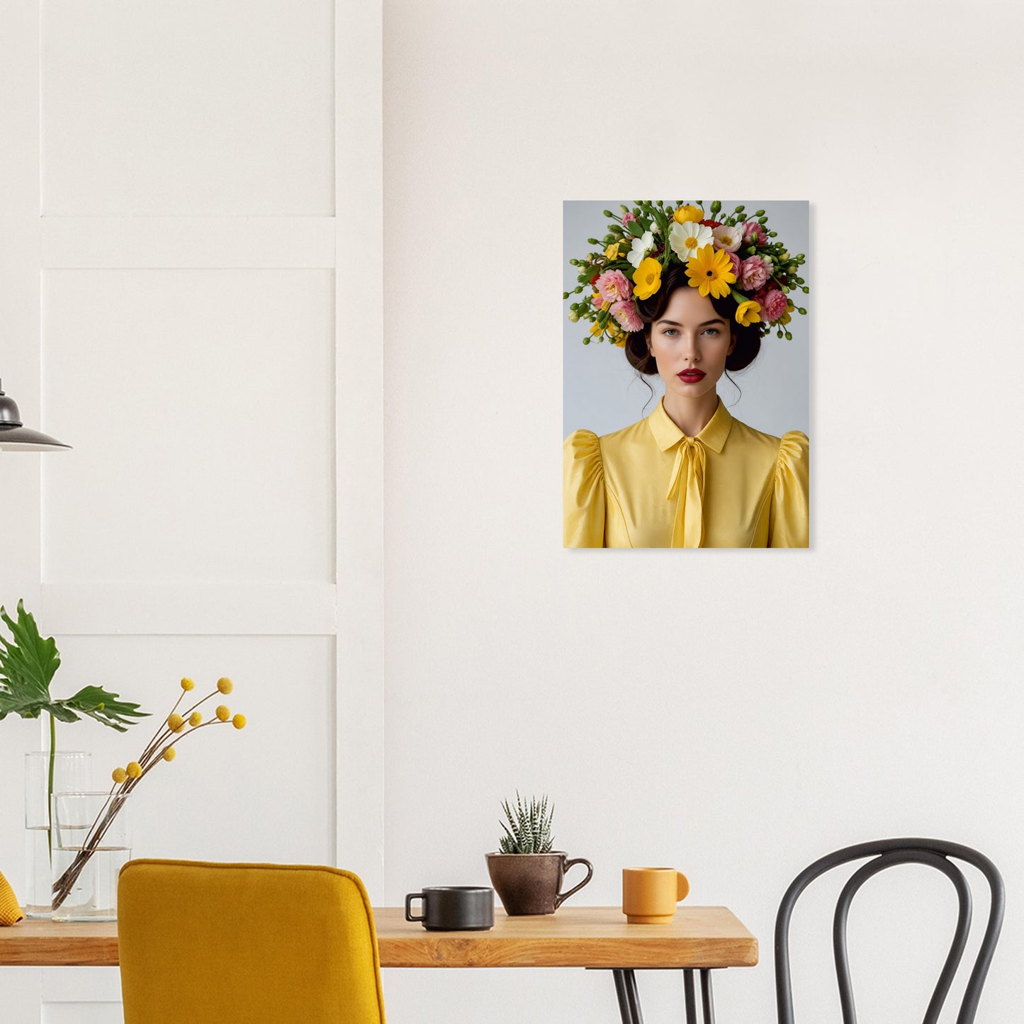 A vertical canvas wall art print depicting a woman in a yellow blouse with a vibrant flower crown, hanging on a white wall above a dining table in a modern kitchen setting.