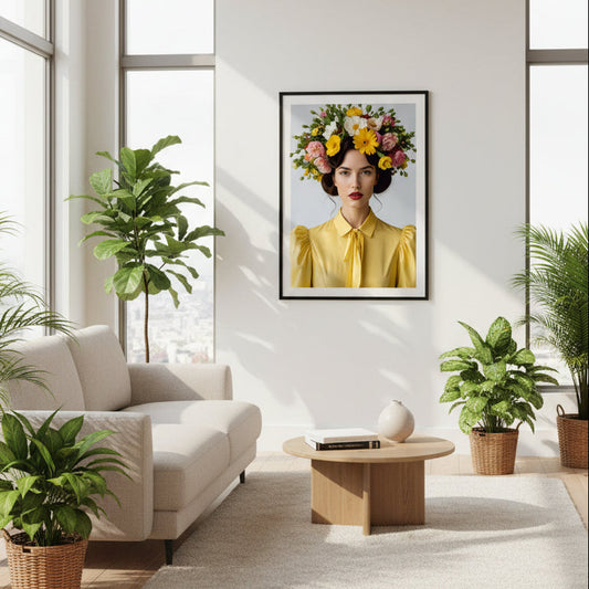 A portrait of a woman with dark hair styled in a large floral crown of yellow, pink, and white flowers, wearing a yellow blouse with a bow collar, set against a light gray background.