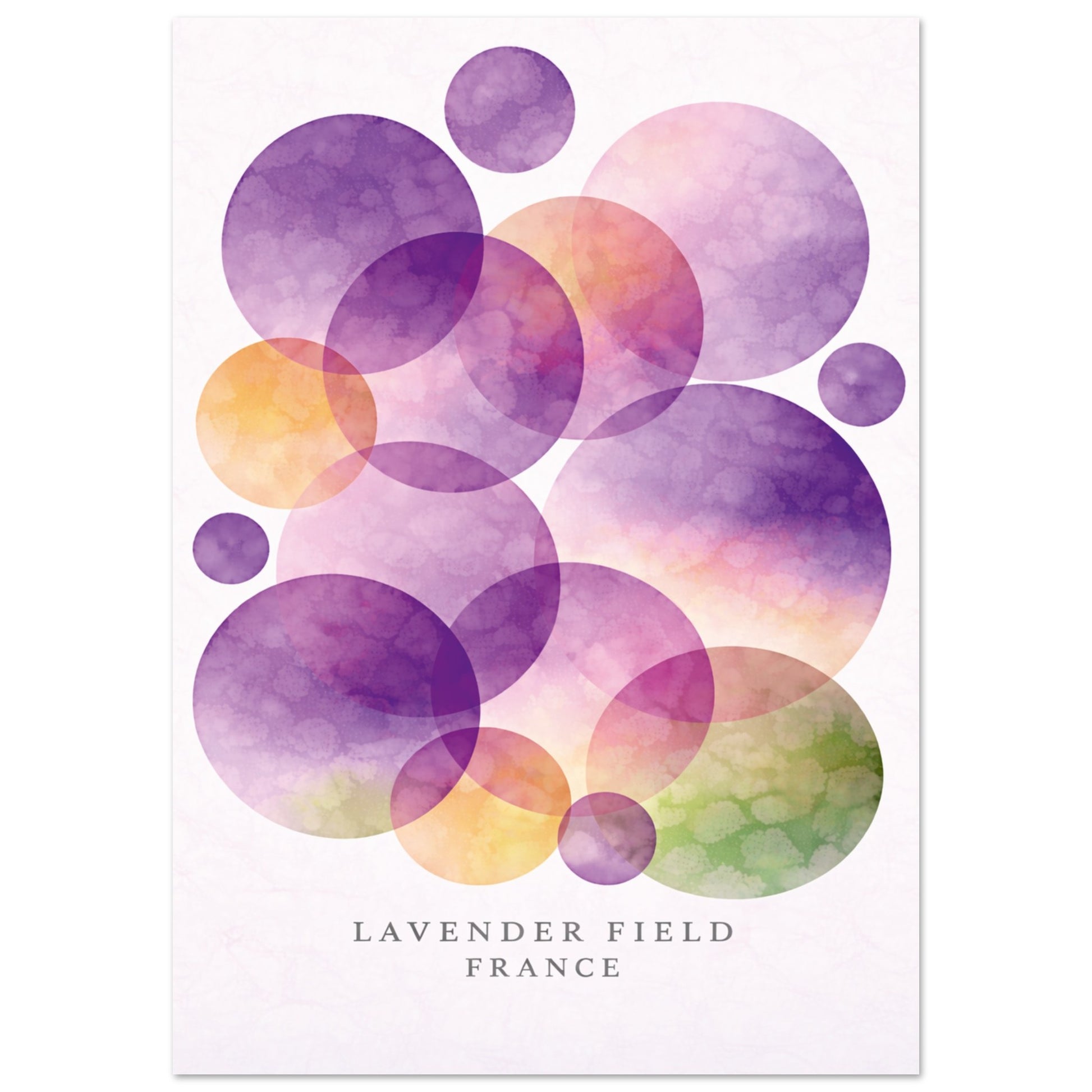 A vertical art print featuring overlapping watercolor circles in shades of lavender, purple, pink, orange, and green on a white background, with the text 'LAVENDER FIELD FRANCE' printed at the bottom.