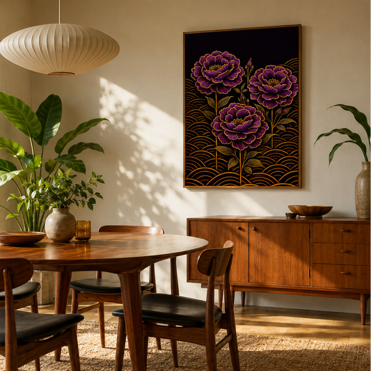 A framed wall art print featuring three large purple flowers on a dark background with gold wave patterns, displayed in a warm, sunlit dining room with a wooden table, chairs, and plants.
