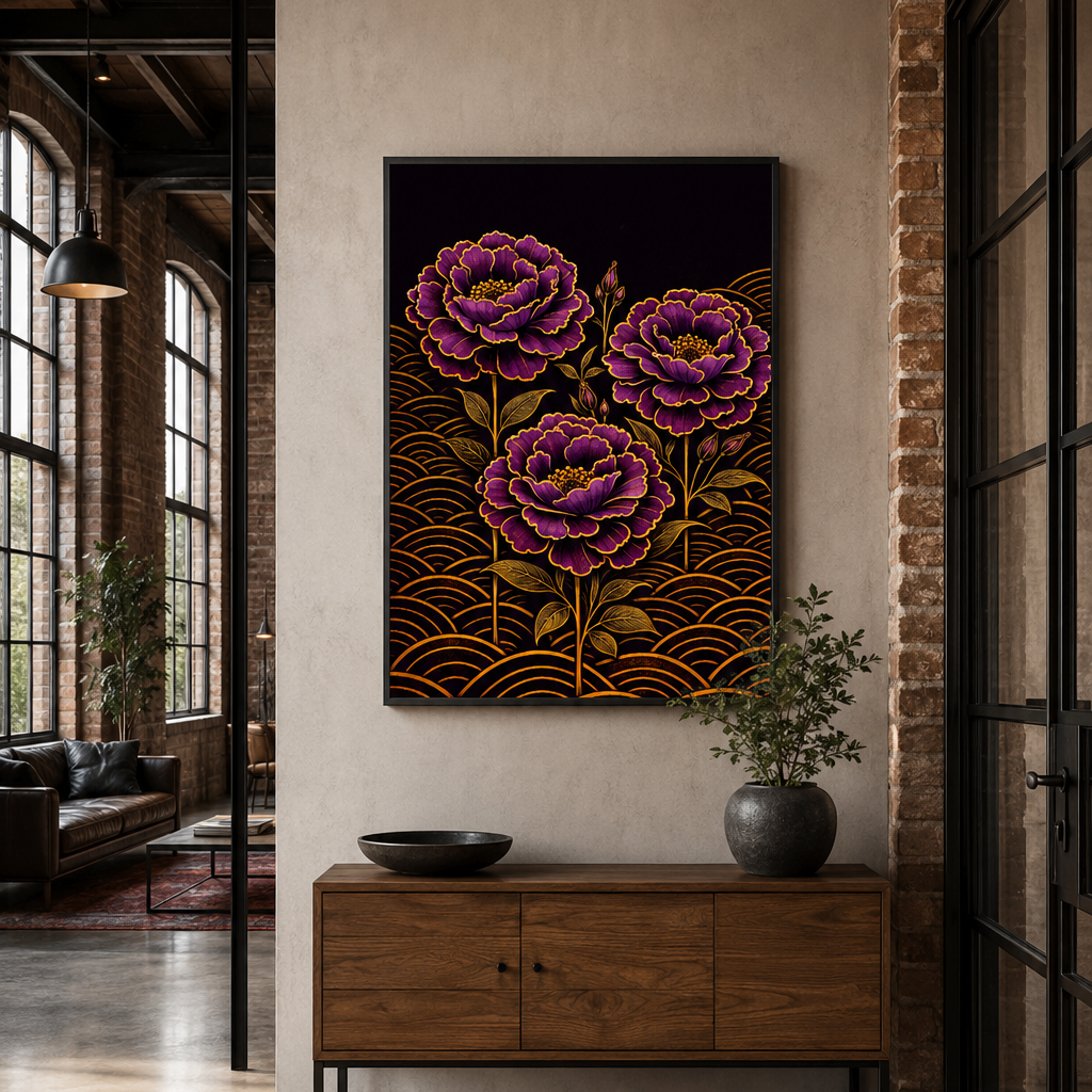 A framed wall art print featuring three large pink and purple flowers with gold wave patterns on a black background, displayed in a modern industrial loft interior above a wooden console table.