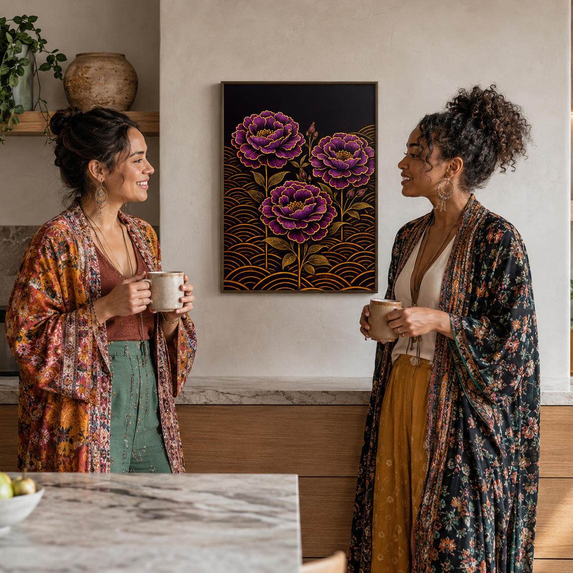 Two women standing in a kitchen, each holding a white mug, wearing patterned floral robes. Between them on the wall is a framed artwork depicting large pink flowers on a dark background with gold wave-like patterns.