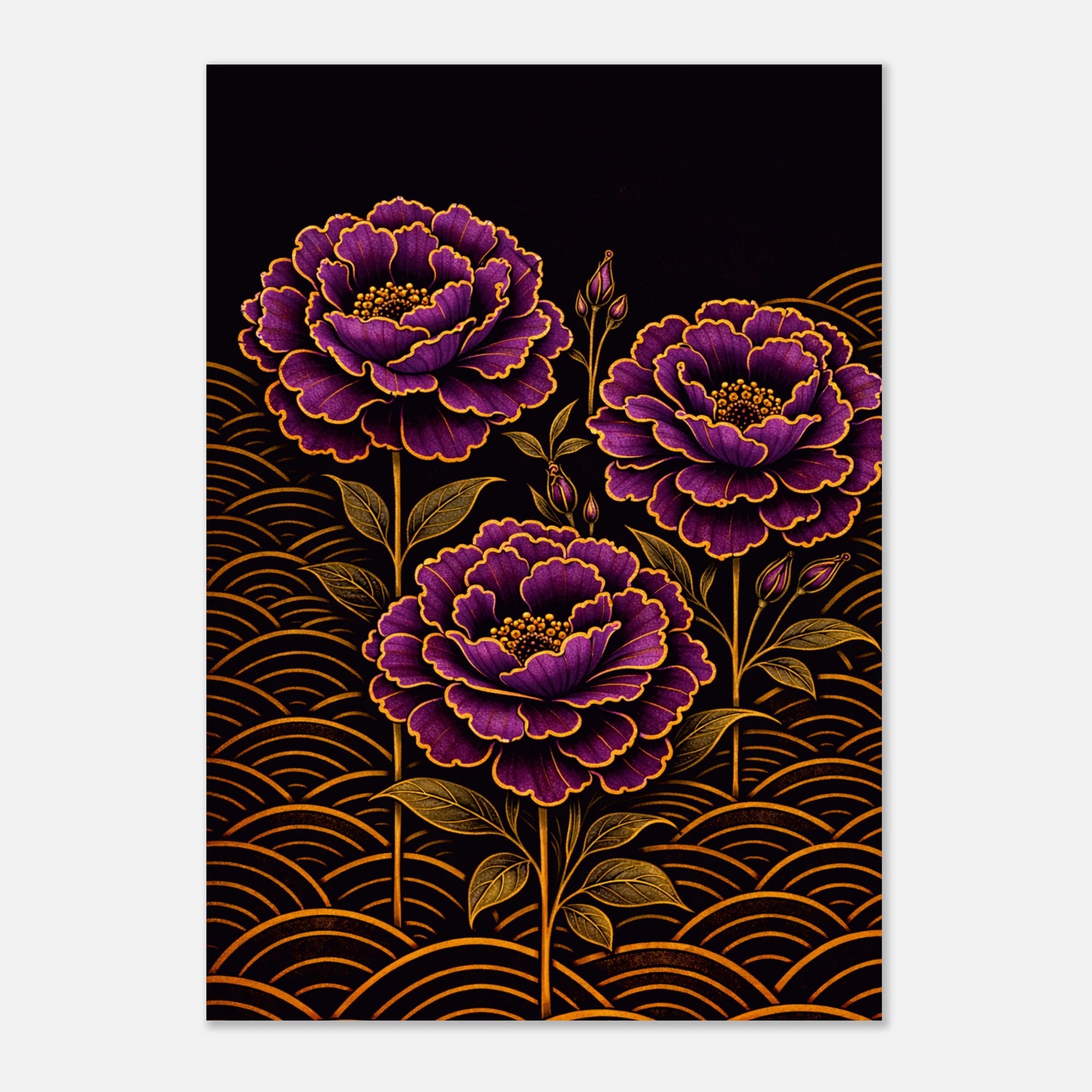 A vertical art print featuring three purple flowers with gold outlines on a black background, with gold wave patterns across the lower portion.