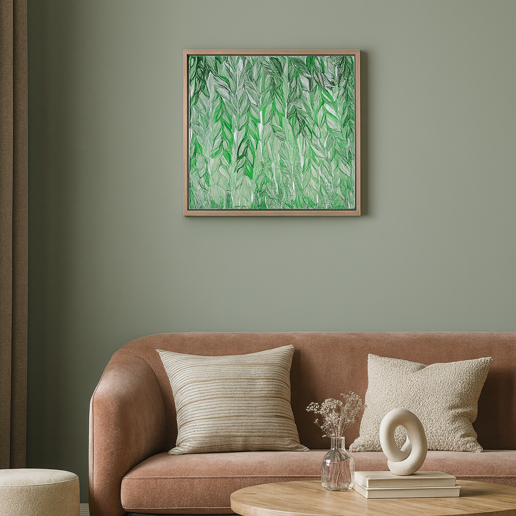 A framed green botanical art print hangs on a sage green wall above a dusty rose velvet sofa with neutral throw pillows in a styled living room setting.