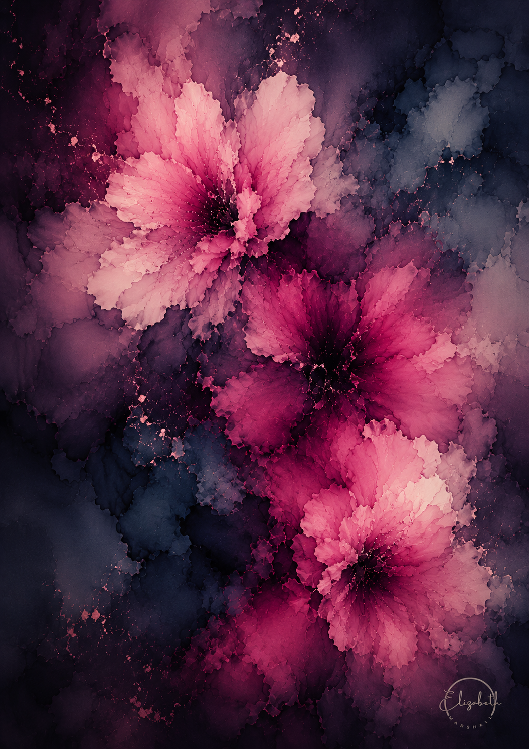 Abstract floral artwork featuring three large pink and magenta flower-like forms against a dark navy, purple, and black watercolor background. 