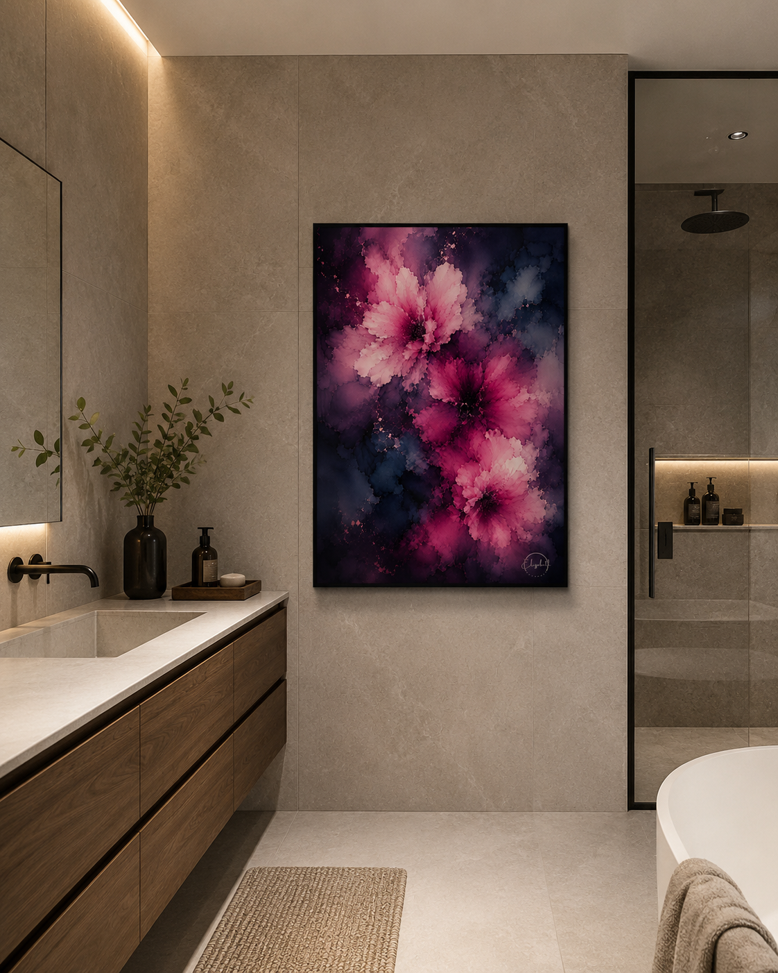 A vertical framed wall art print featuring a vibrant pink and purple floral design, displayed in a modern bathroom setting with a marble vanity, wooden cabinets, and a glass shower door.