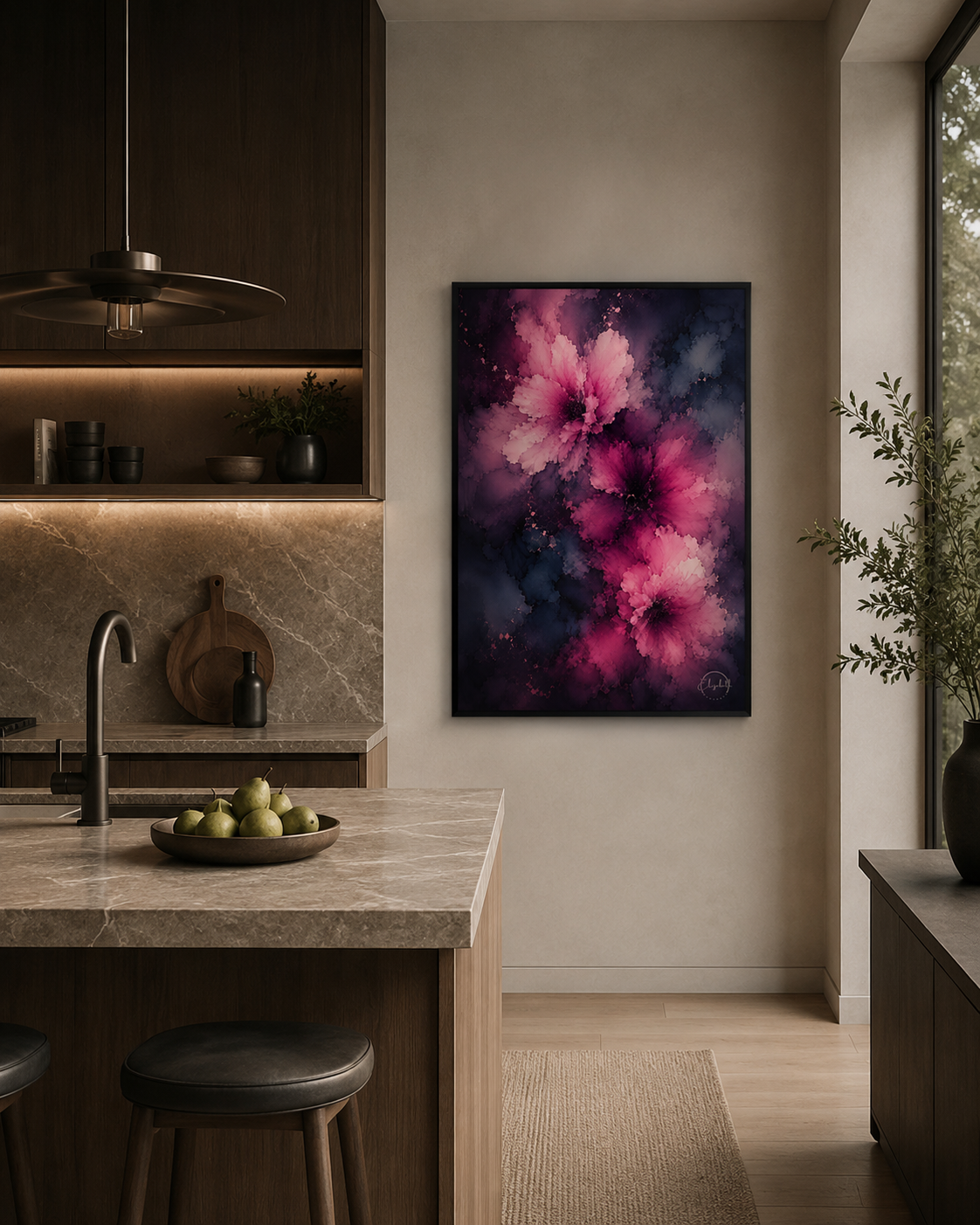 A vertical canvas wall art print featuring vibrant pink and purple abstract flowers, displayed on a beige wall in a modern kitchen setting.