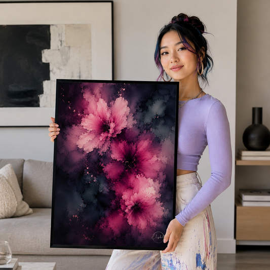 A woman in a lavender long-sleeve top and paint-splattered pants holds up a large framed abstract floral painting featuring vibrant pink and magenta flowers against a dark purple and black background, set in a modern living room environment.
