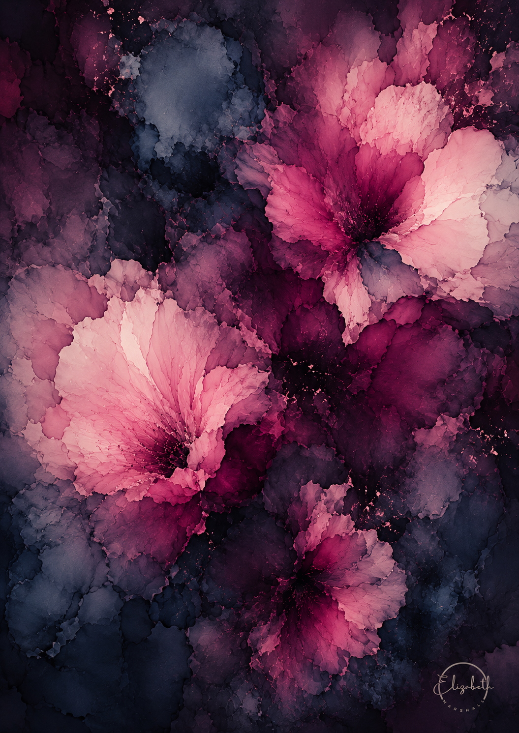 Abstract floral watercolor painting featuring large pink and magenta flowers with dark navy and purple watercolor washes, accented by subtle gold speckles. 