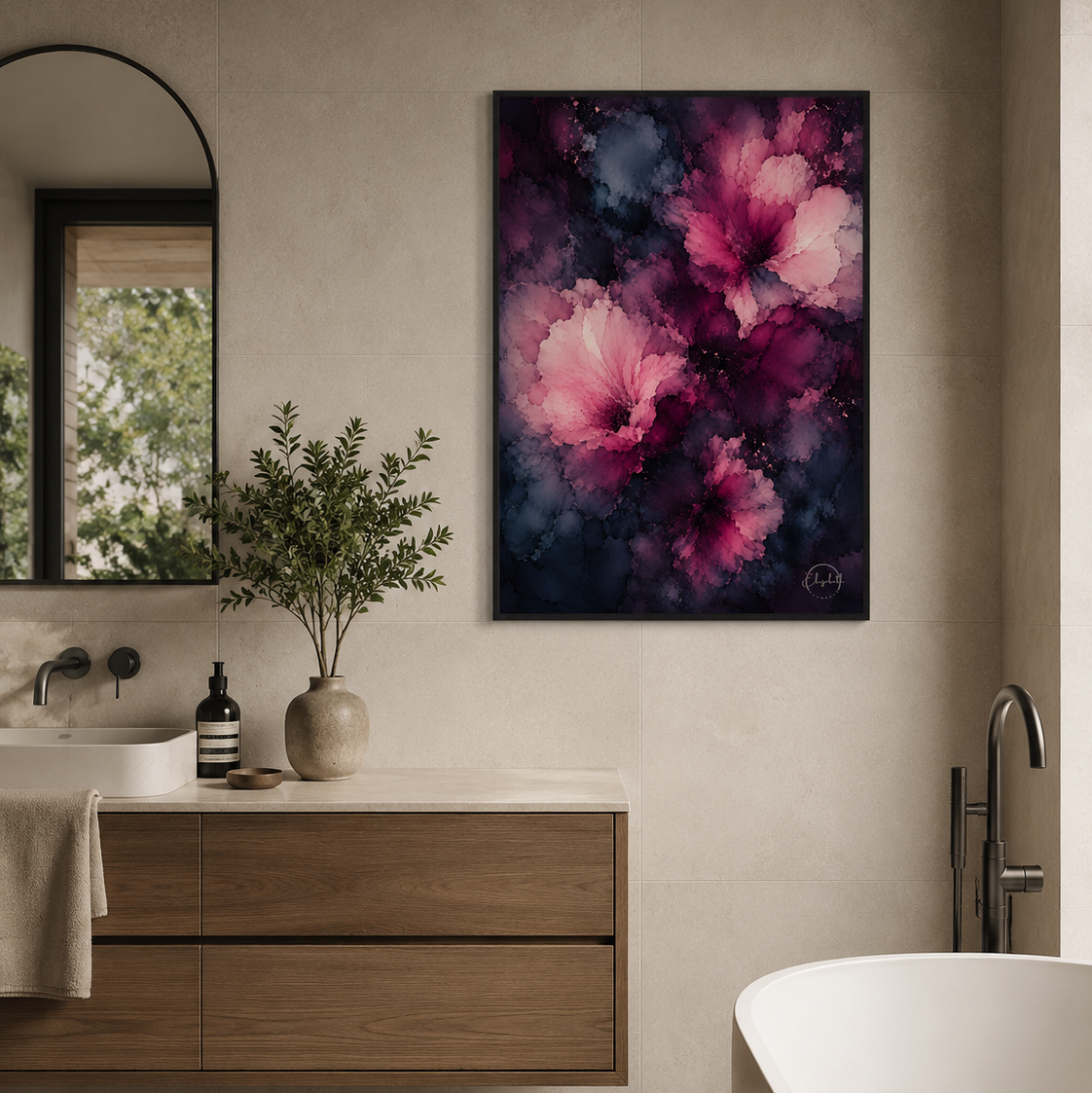 A vertical canvas wall art print featuring a dark, moody floral design with pink and purple blossoms, displayed on a textured beige wall in a modern, stylish bathroom setting.