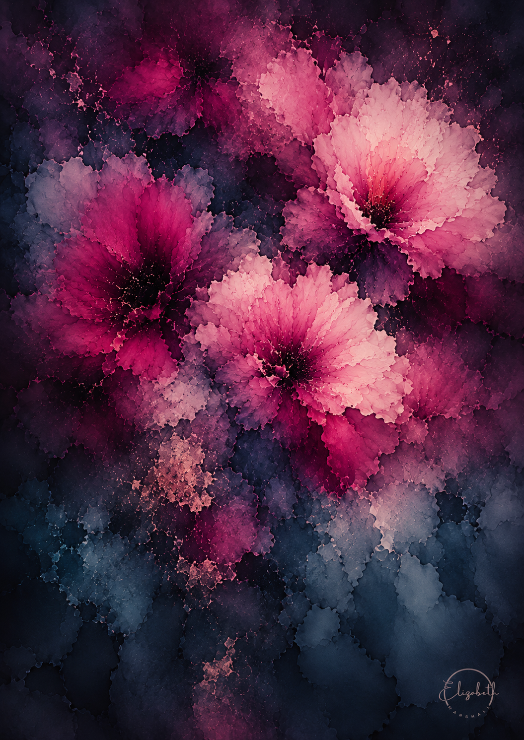 Abstract floral artwork featuring large pink and magenta flower-like forms with dark navy and black textured background, presented as a square art print.