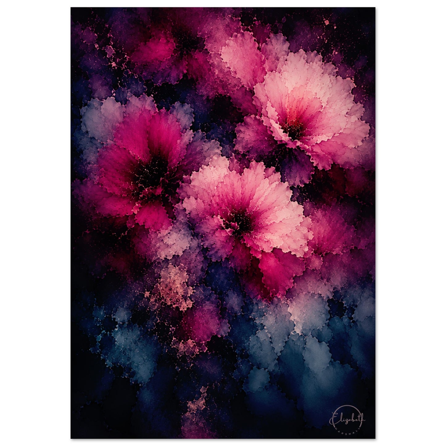 A vertical art print featuring an abstract floral design with large, textured flowers in vibrant magenta, pink, and deep purple tones against a dark, smoky background with hints of blue. The print is presented with a clean white border.