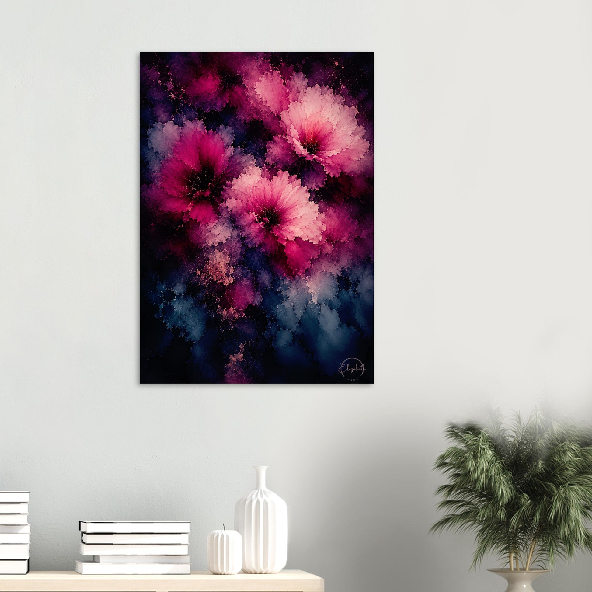 This is what happens when colour asks to be noticed. Love Me is a moody floral giclee print with lush mulberry and rose blooms pushing through midnight blue, deep indigo, and soft charcoal, the petals open and luminous against the dark, layered depths beneath. It has the boldness of a painting that knows exactly what it is and the warmth that makes a room feel like it was always meant to look this way.