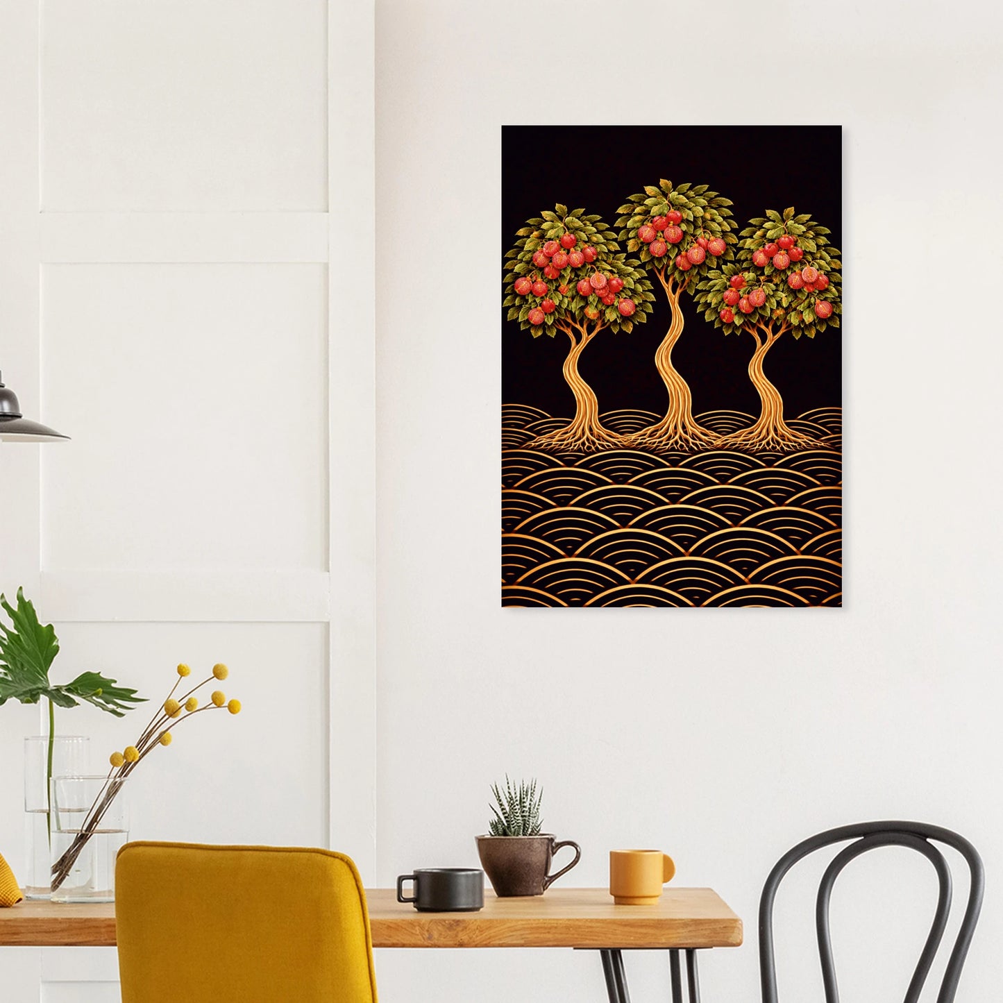A1 Bold, abundant and richly detailed, this lychee tree art print brings warmth and vibrancy into modern interiors. Featuring three sculptural lychee trees with flowing trunks, exposed roots and clusters of deep red fruit, this artwork blends Japanese-inspired design with mid-century modern elegance.