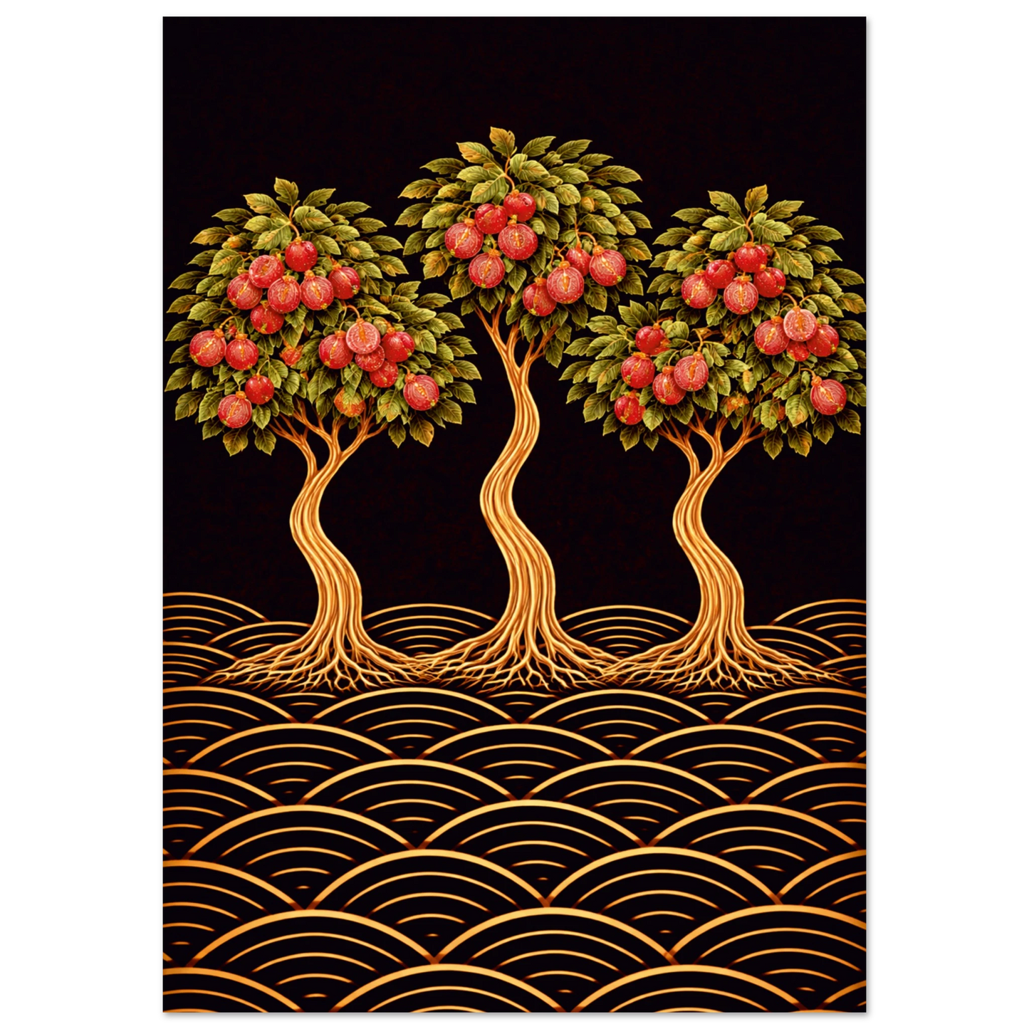 Bold, abundant and richly detailed, this lychee tree art print brings warmth and vibrancy into modern interiors. Featuring three sculptural lychee trees with flowing trunks, exposed roots and clusters of deep red fruit, this artwork blends Japanese-inspired design with mid-century modern elegance.