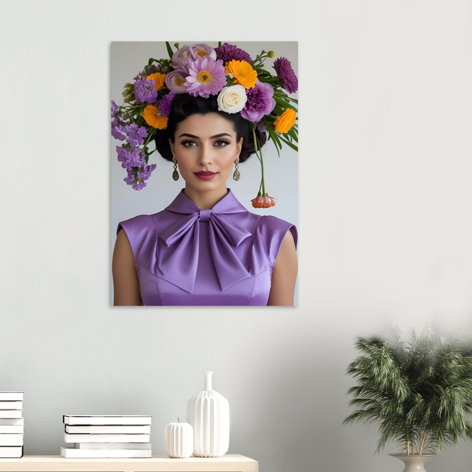 A vertical wall art print showing a portrait of a woman with a large floral headpiece and a purple bow-neck top, displayed on a light gray wall above a console table with books, a vase, and a potted plant.