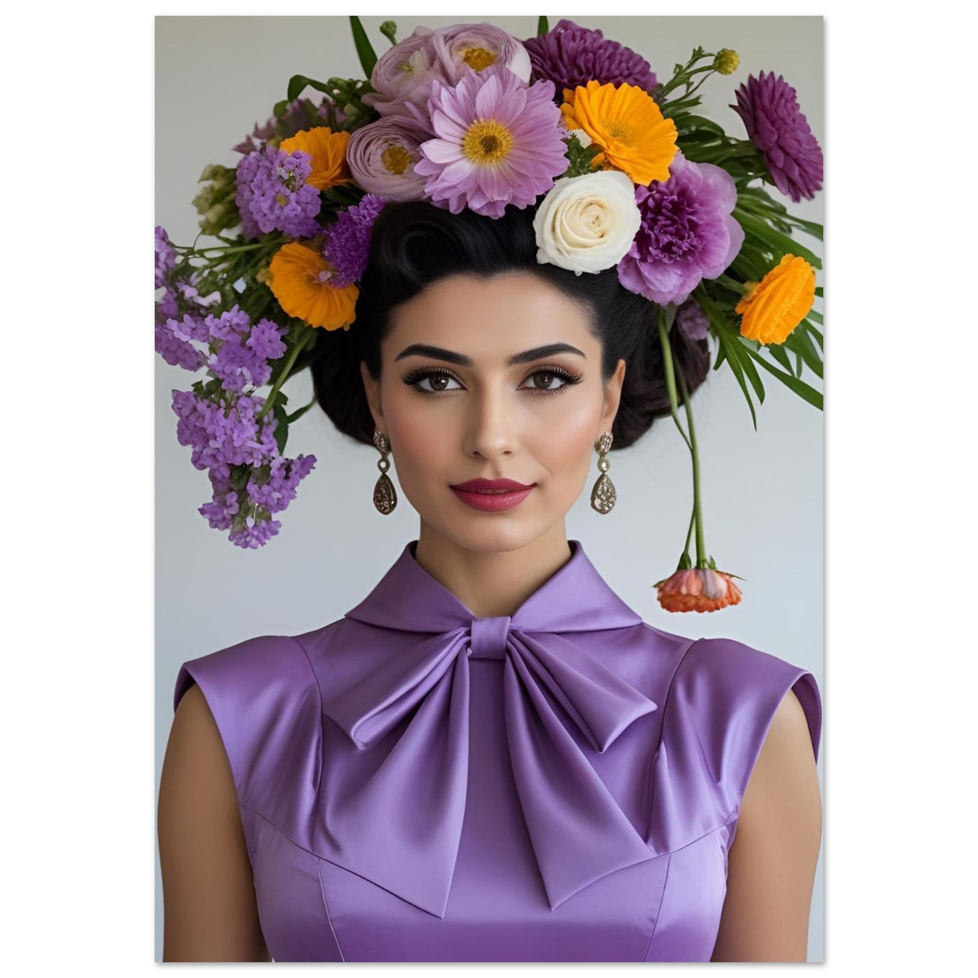 A portrait-style product image showing a woman from the shoulders up wearing a lavender satin bow-neck dress and a large floral headpiece with purple, orange, white, and yellow flowers against a light gray background.