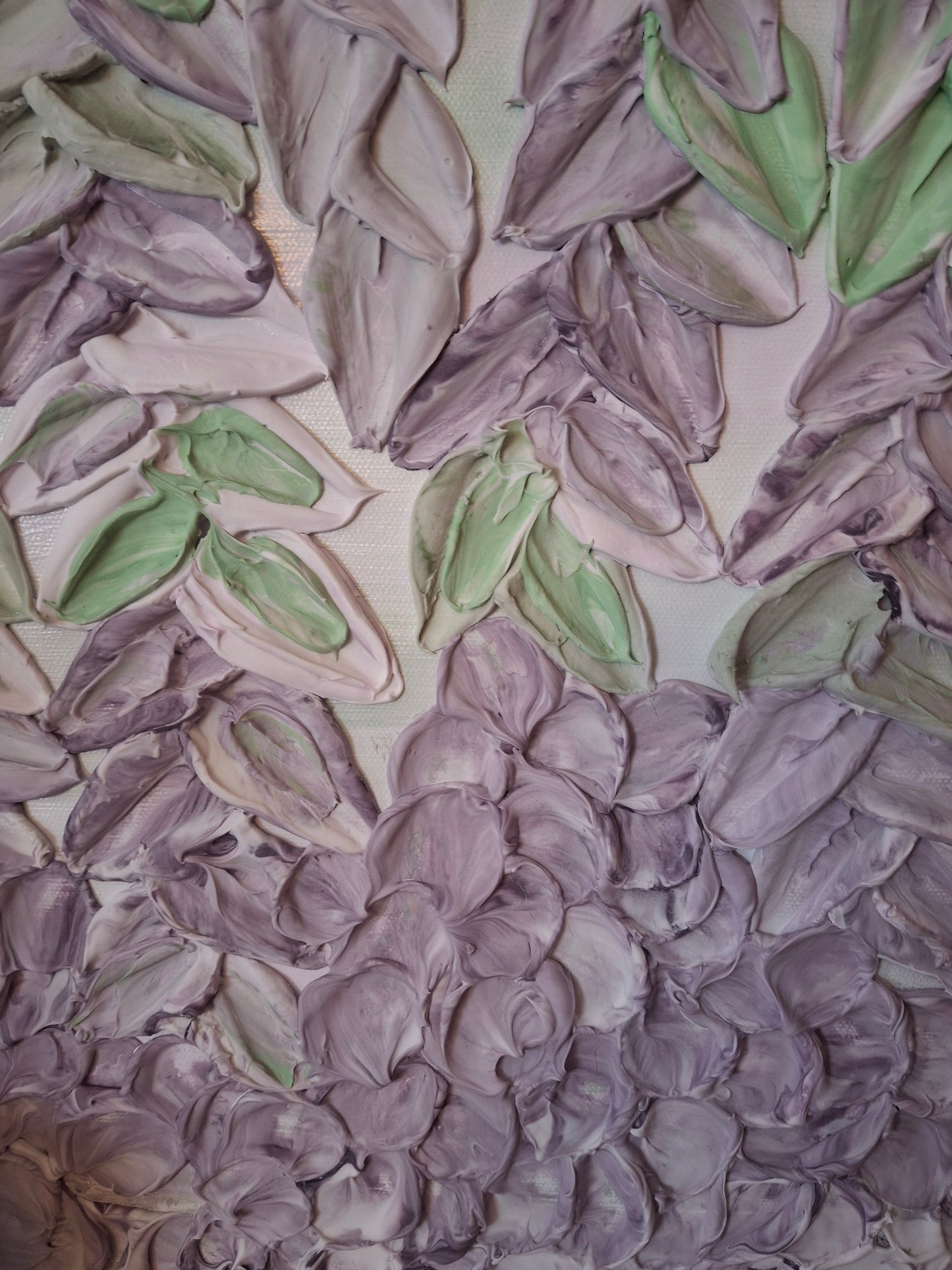 A close-up of a textured floral artwork depicting lavender-purple tulips with light green accents on a pale background.