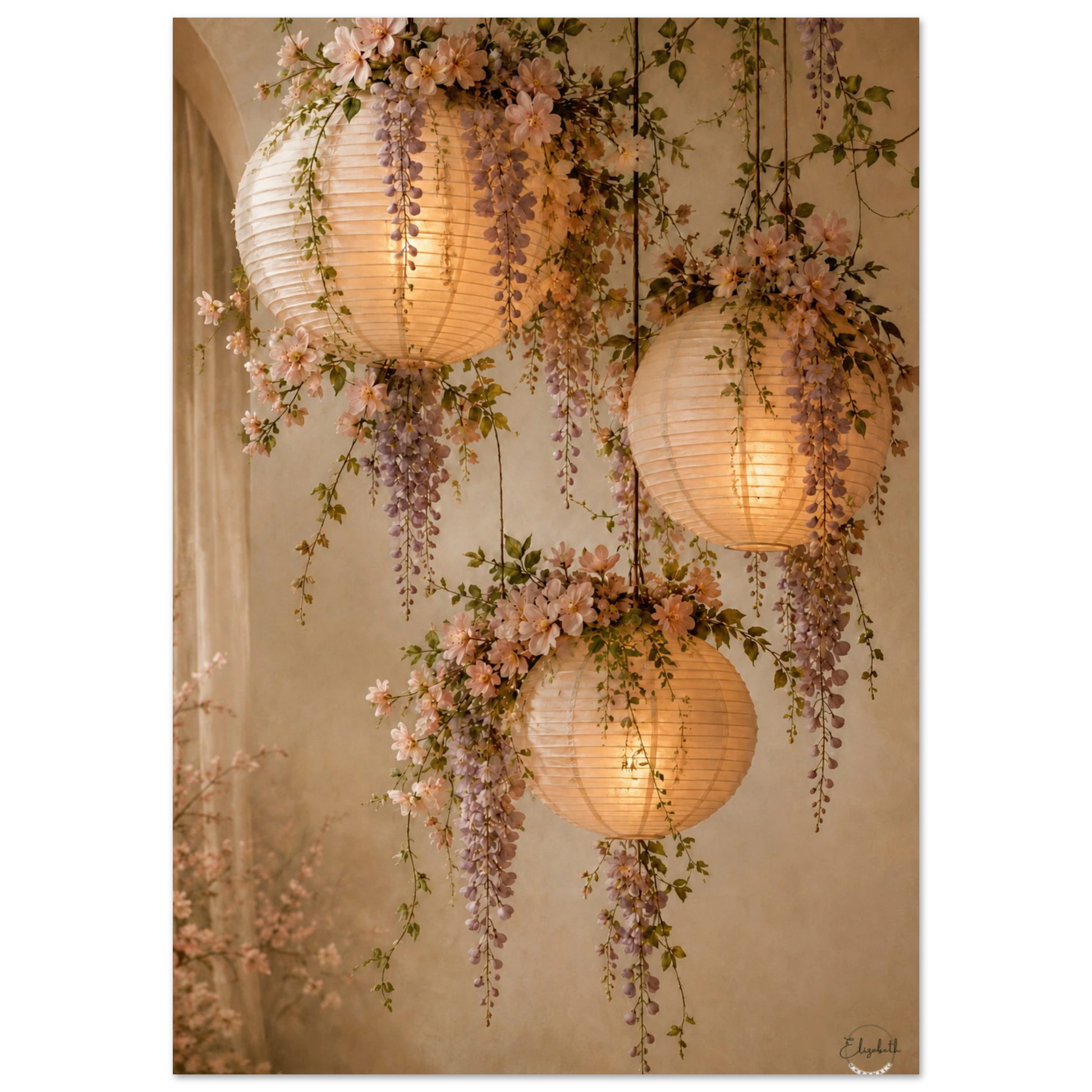 Glowing paper globe lanterns draped in botanicals. Warm amber giclee print inspired by original designs. 200gsm FSC paper. Ships worldwide.