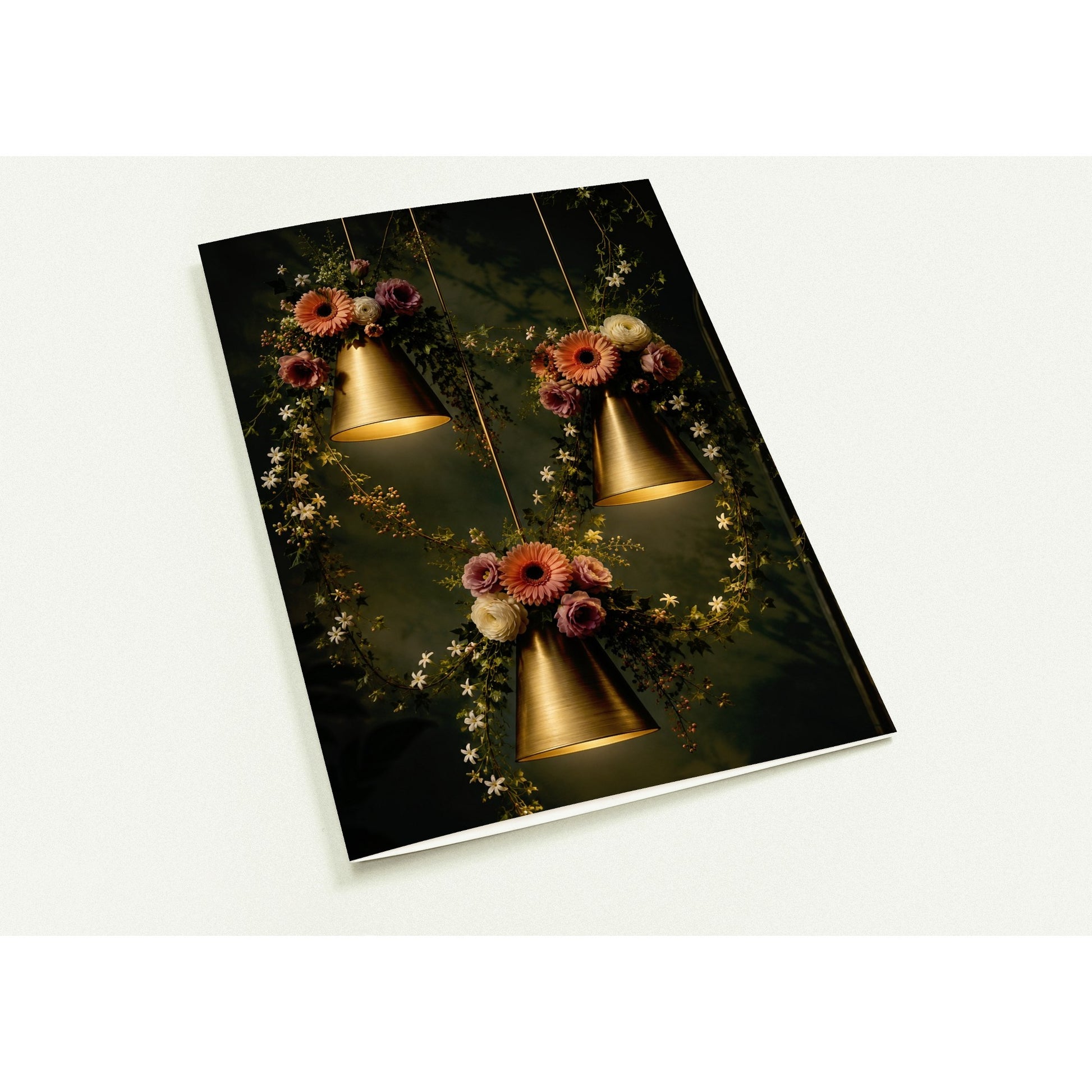 Poster with gold pendant lights and floral arrangements on a dark background