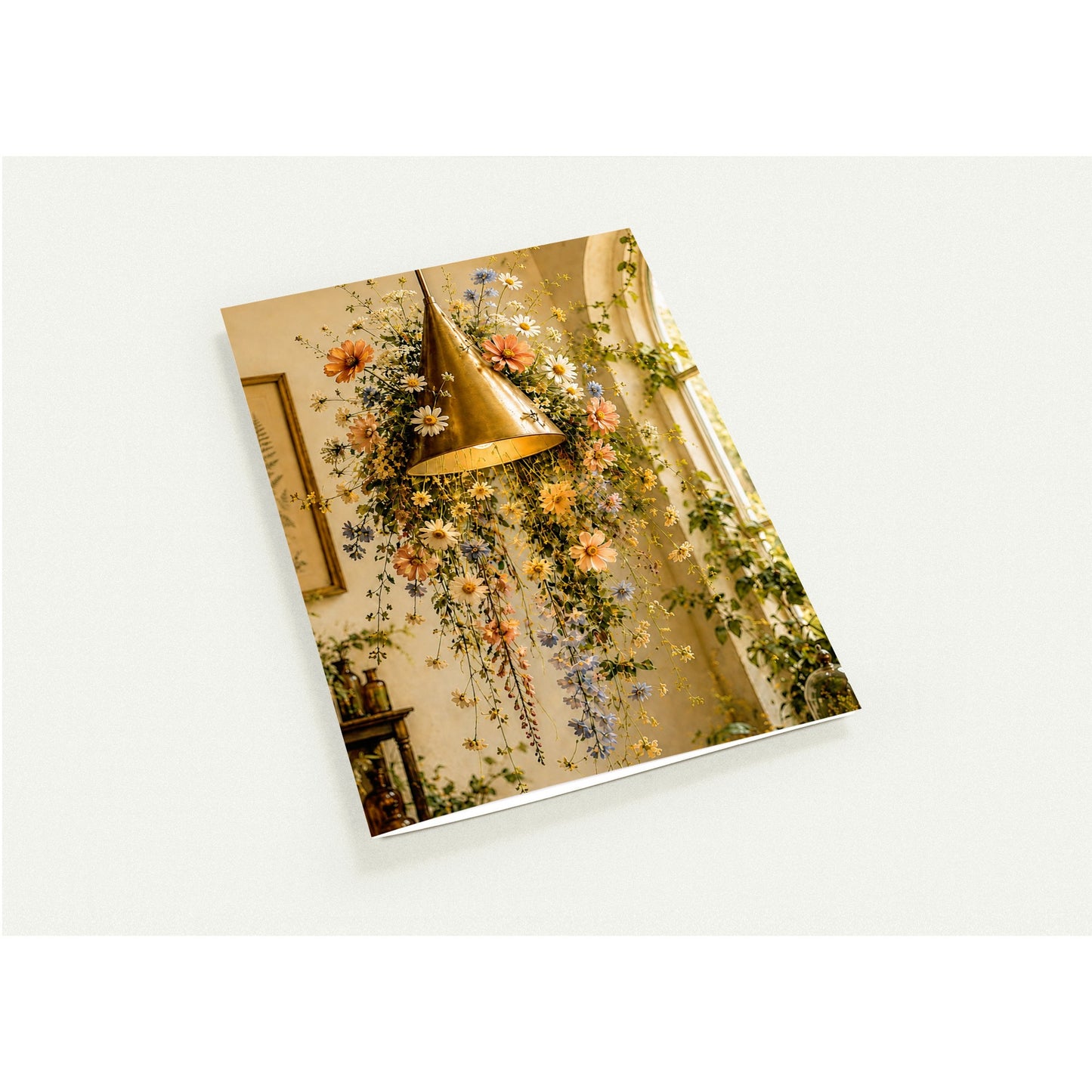 Decorative card with floral design and gold elements on a white background