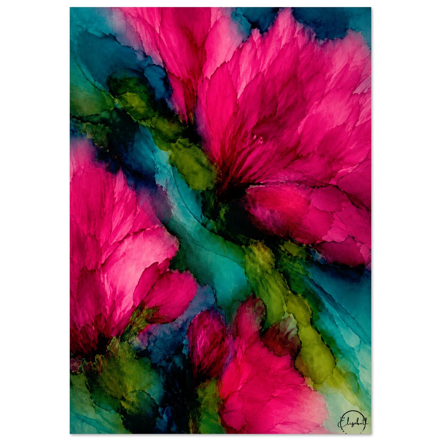 Abstract floral art print featuring vibrant magenta and pink flower petals with deep teal, green, and dark blue watercolor washes, shown as a vertical rectangular print on a white background.