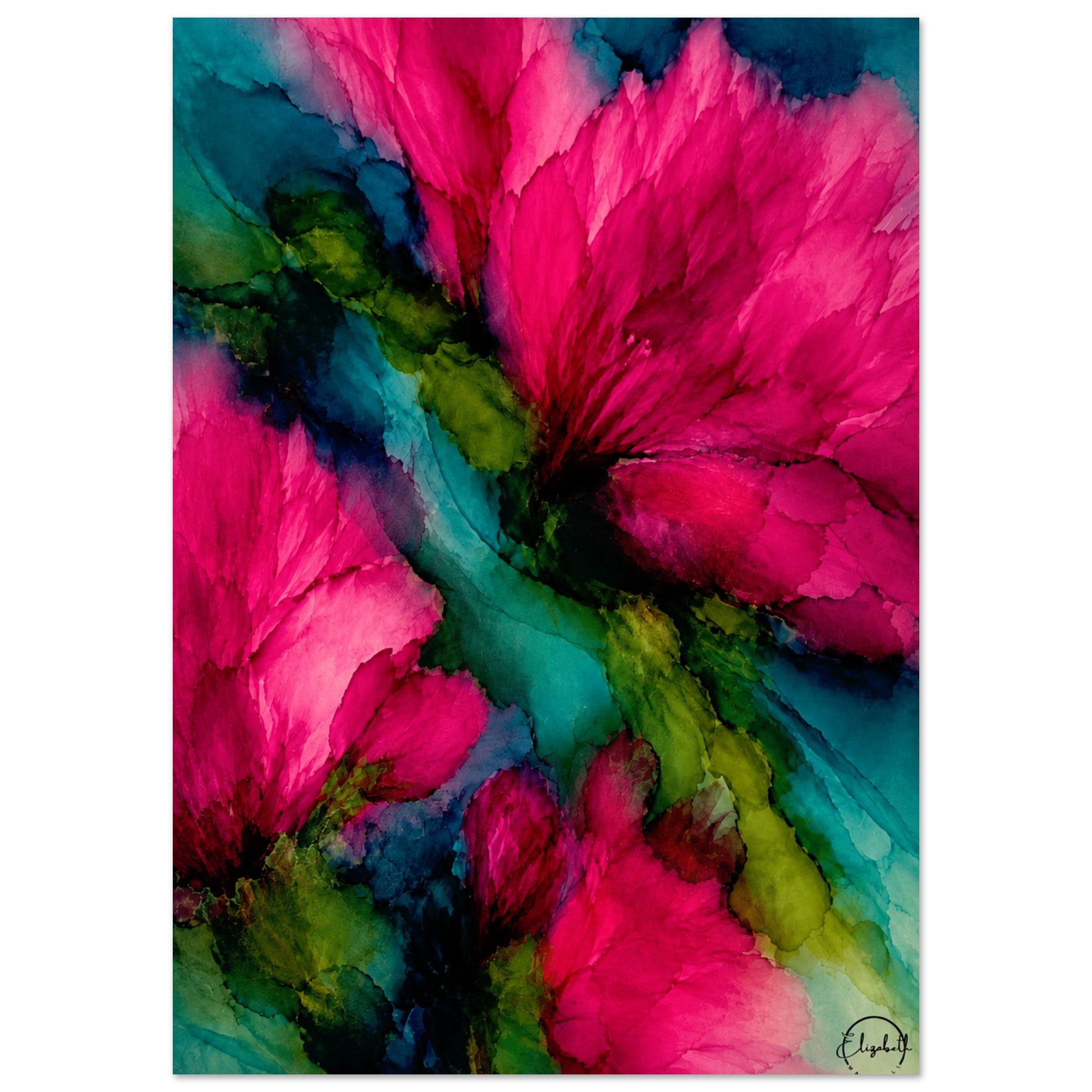 Abstract floral art print featuring vibrant magenta and pink flower petals with deep teal, green, and dark blue watercolor washes, shown as a vertical rectangular print on a white background.